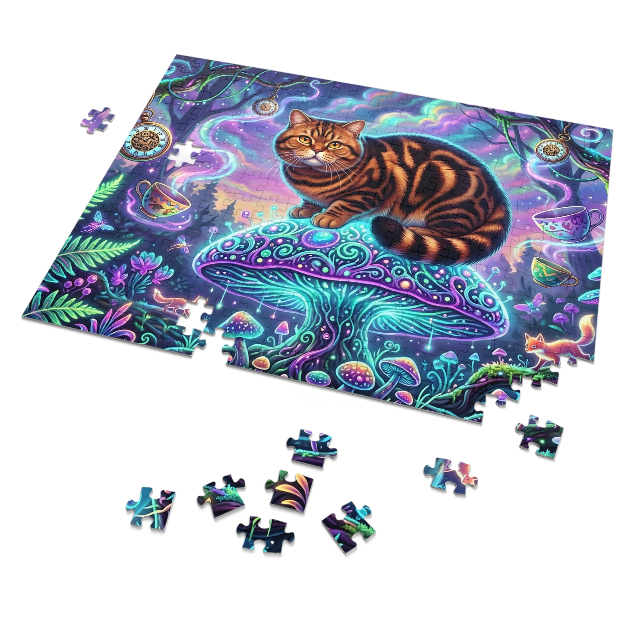 Brown Tabby British Shorthair Mushroom Wonderland Jigsaw Puzzle