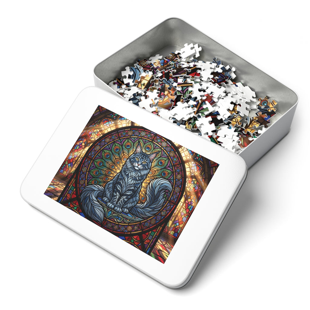 Tabby Maine Coon Stained Glass Peacock Window Jigsaw Puzzle