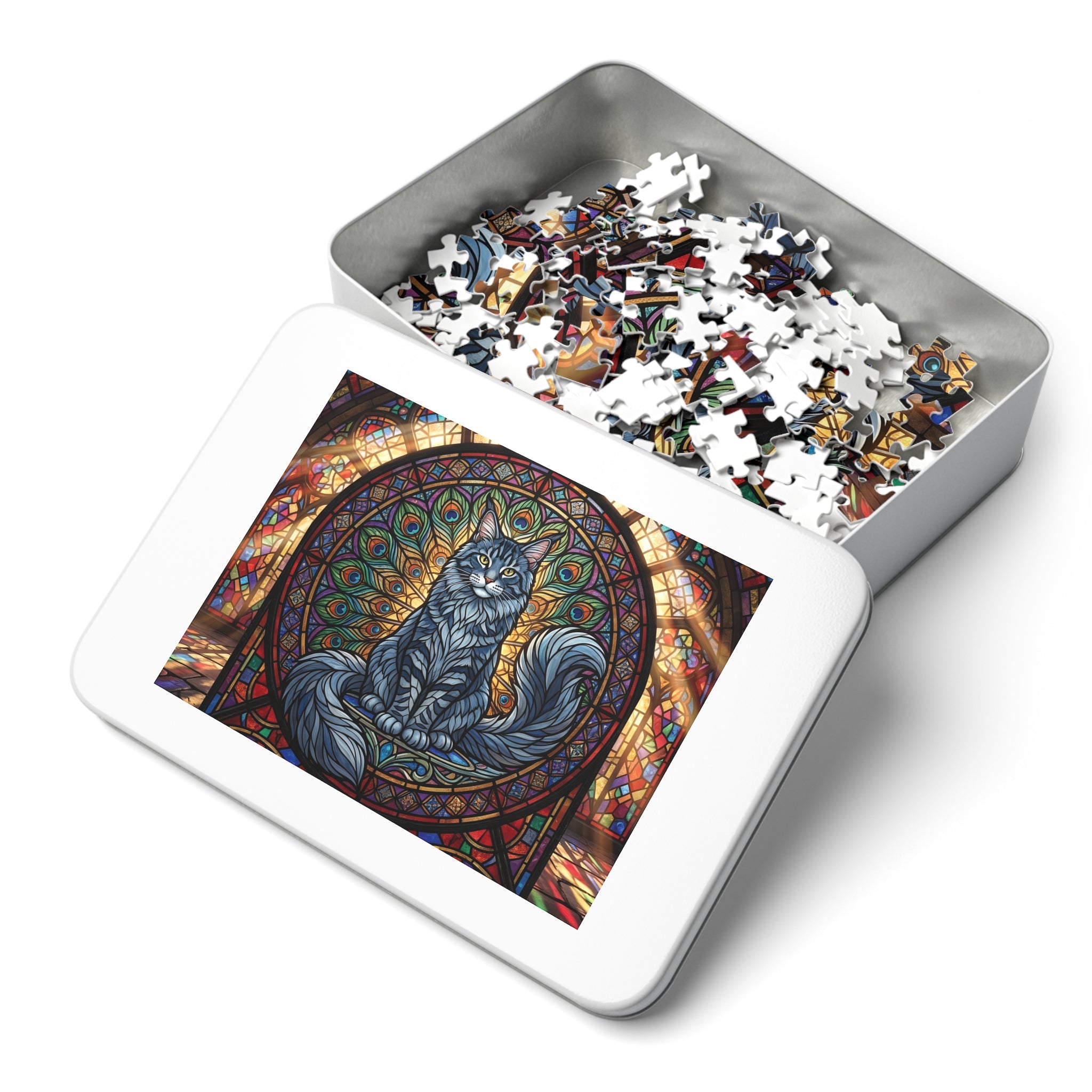 Tabby Maine Coon Stained Glass Peacock Window Jigsaw Puzzle