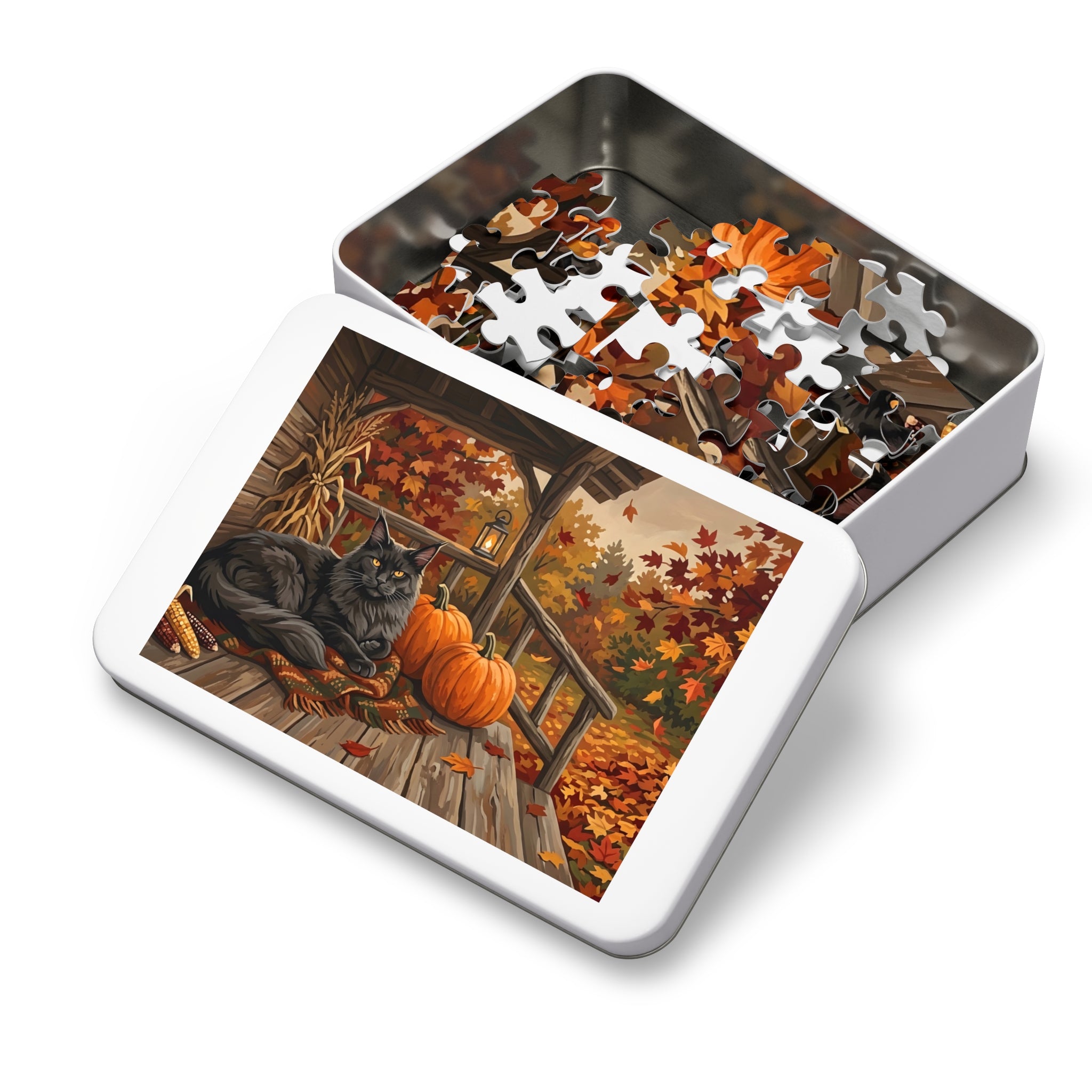 Black Maine Coon Autumn Porch Pumpkins Jigsaw Puzzle