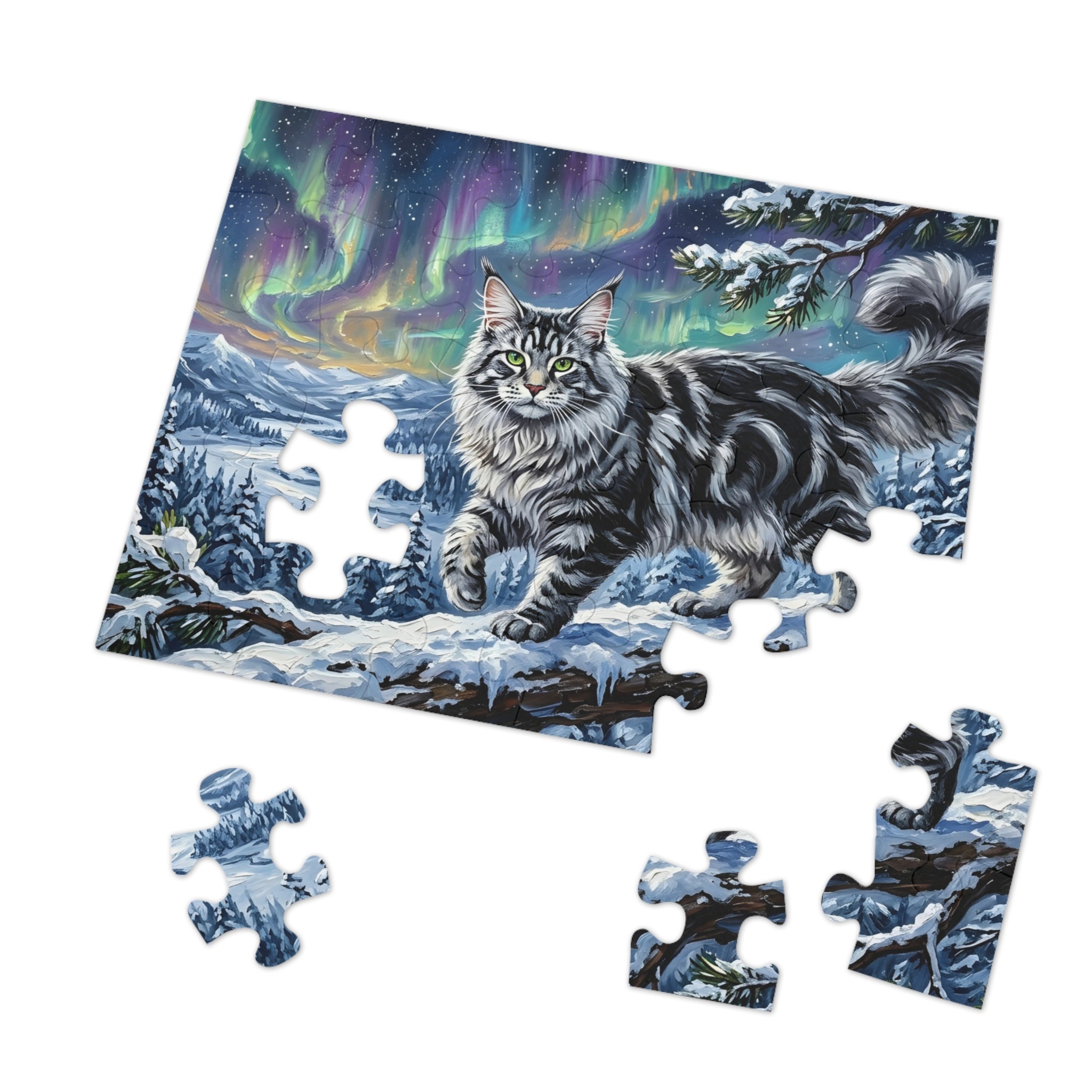 Silver Tabby Maine Coon Northern Lights Snowy Winter Jigsaw Puzzle