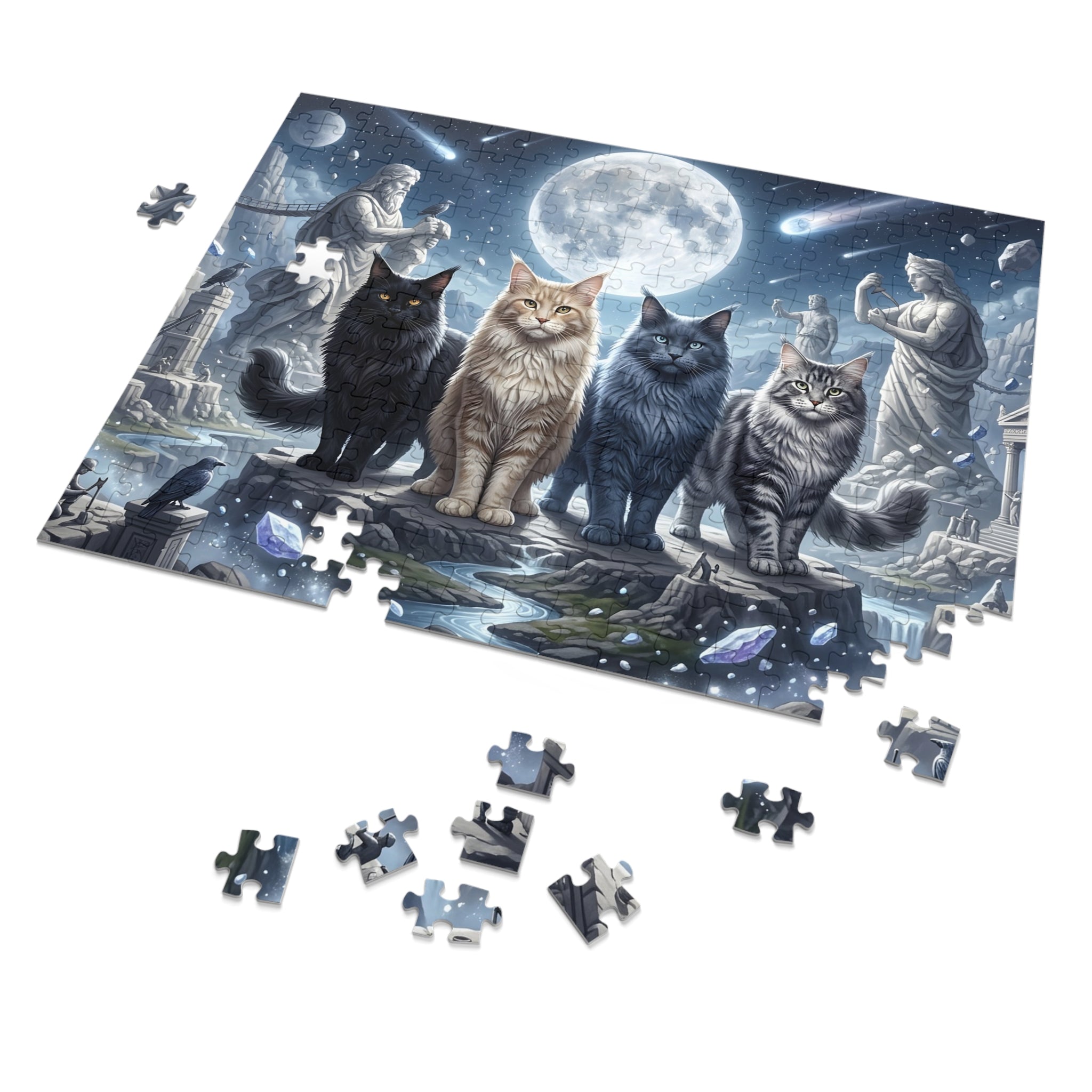 Maine Coon Cat Celestial Full Moon Greek Statue Crystal Temple Jigsaw Puzzle