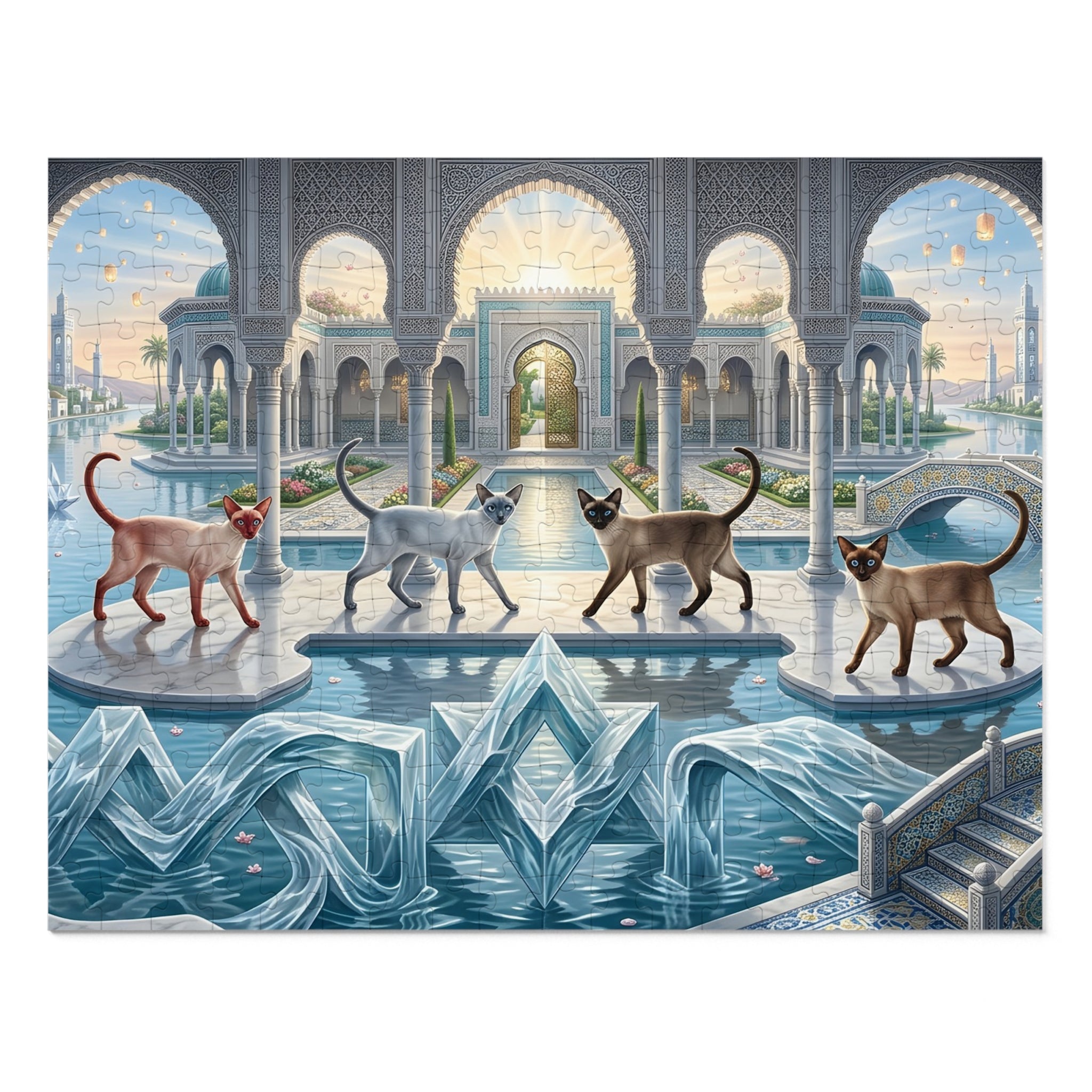 Siamese Cat Palace Courtyard Water Fountain Moroccan Pavilion Jigsaw Puzzle