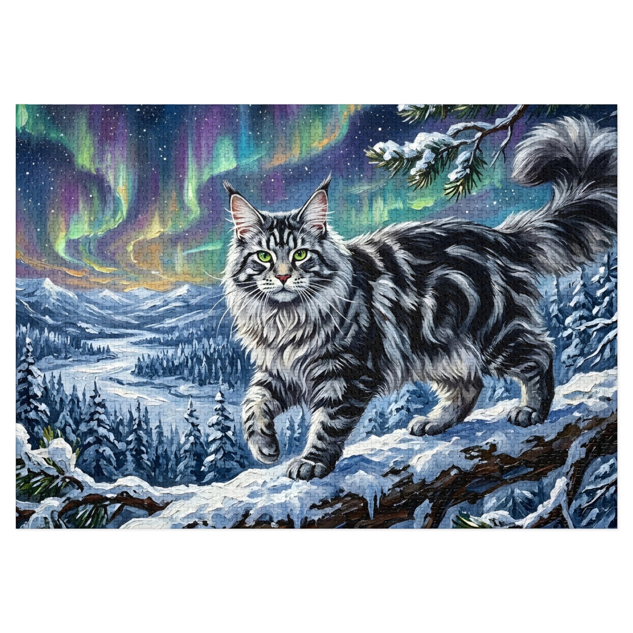 Silver Tabby Maine Coon Northern Lights Snowy Winter Jigsaw Puzzle