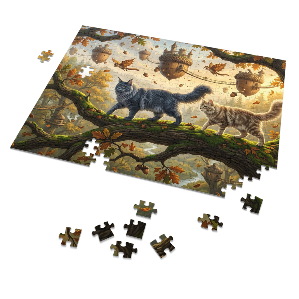Maine Coon Cat Acorn Castle Floating Village Autumn Oak Tree Jigsaw Puzzle