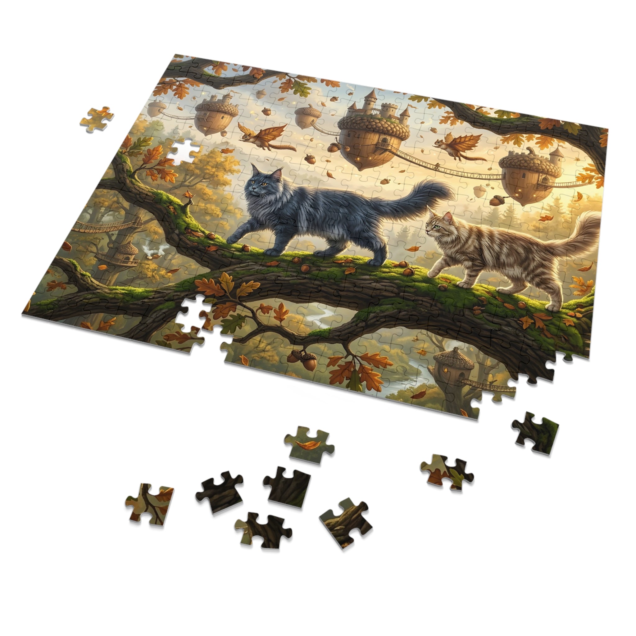 Maine Coon Cat Acorn Castle Floating Village Autumn Oak Tree Jigsaw Puzzle