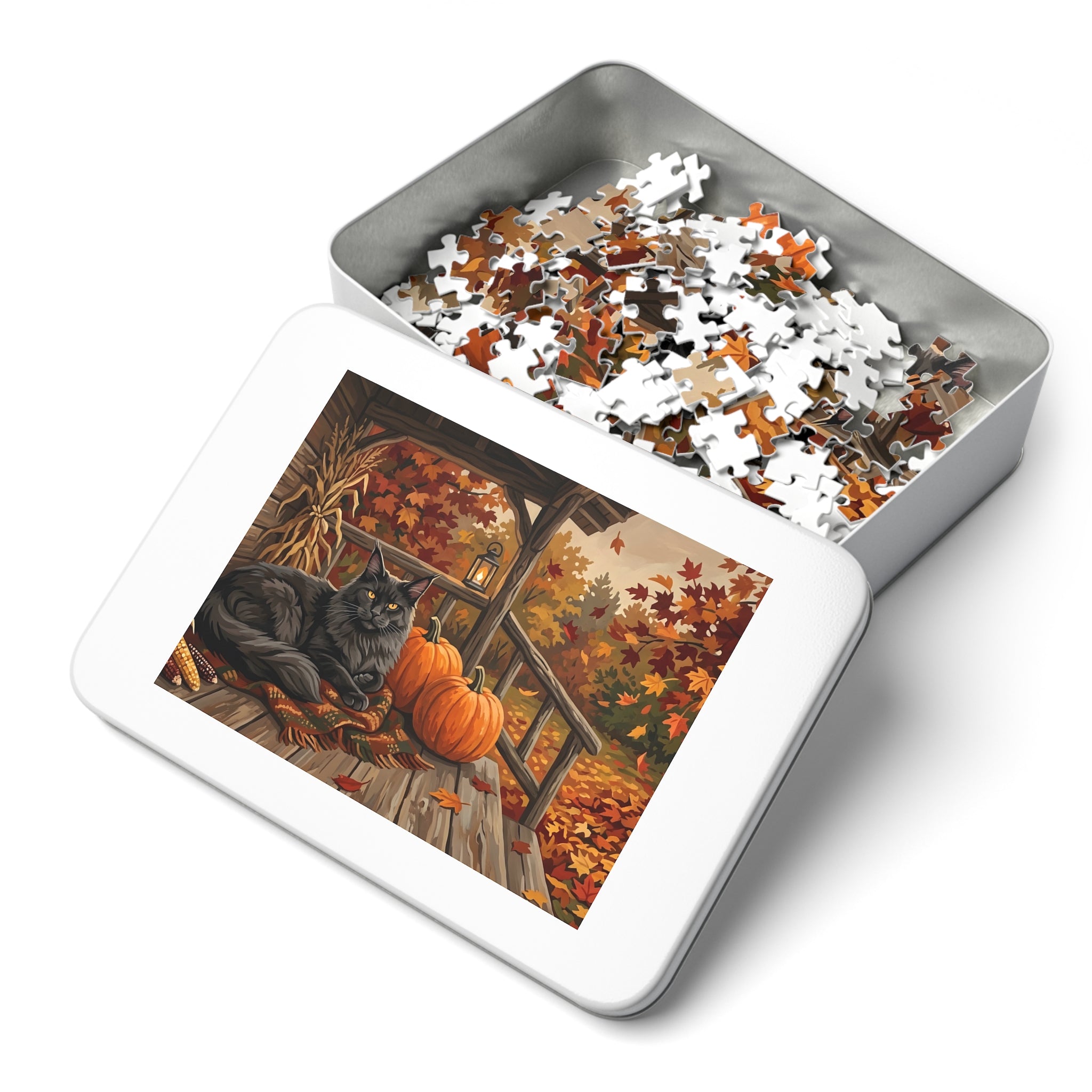 Black Maine Coon Autumn Porch Pumpkins Jigsaw Puzzle