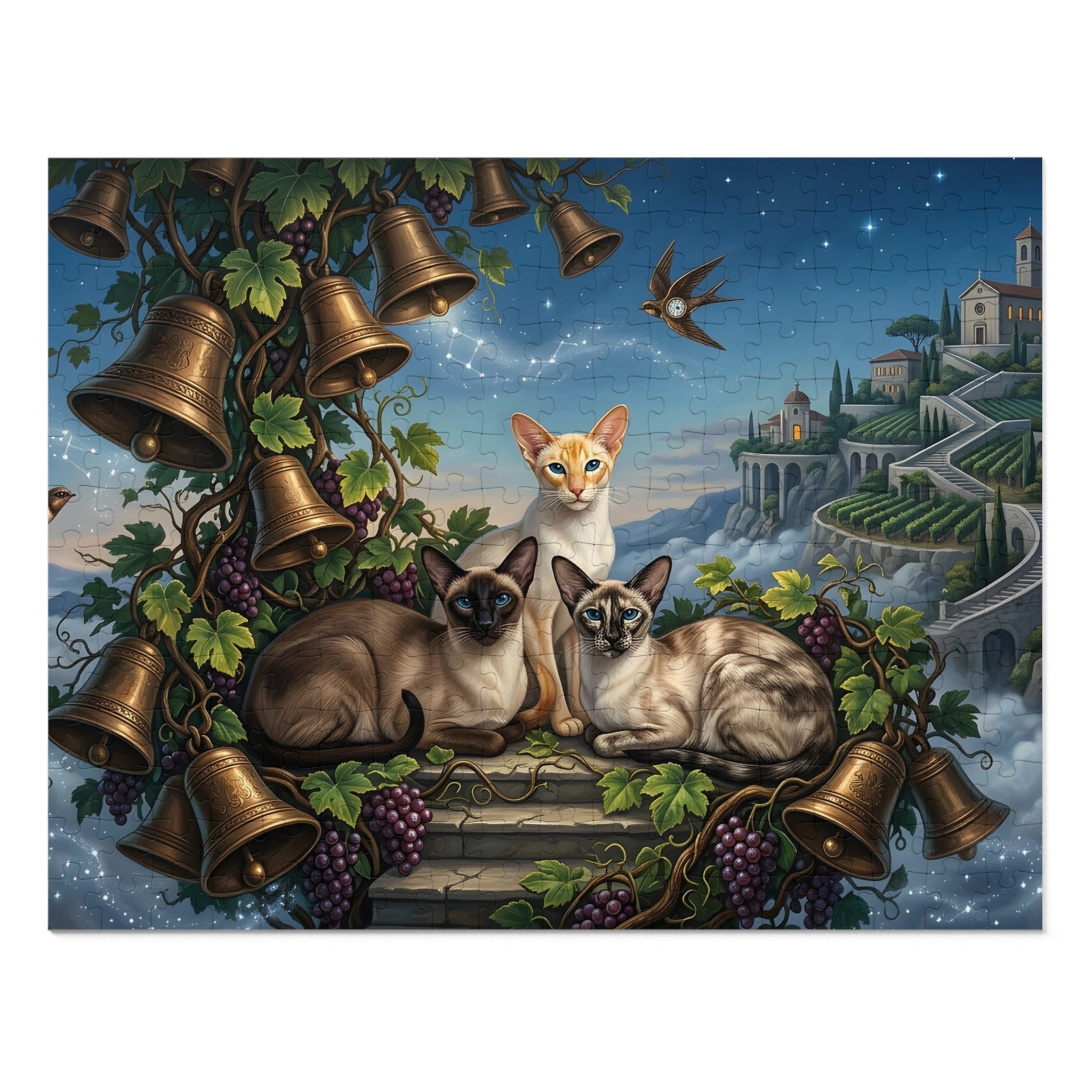 Siamese Cat Bronze Bell Grapevine Mediterranean Cliffside Village Jigsaw Puzzle