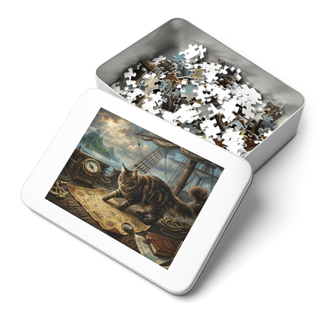 Brown Tabby Maine Coon Pirate Ship Treasure Map Jigsaw Puzzle