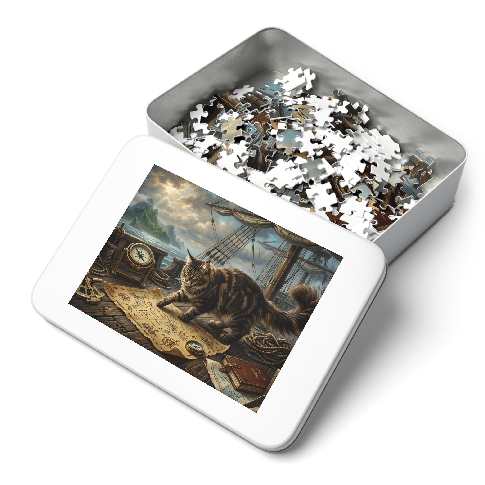 Brown Tabby Maine Coon Pirate Ship Treasure Map Jigsaw Puzzle