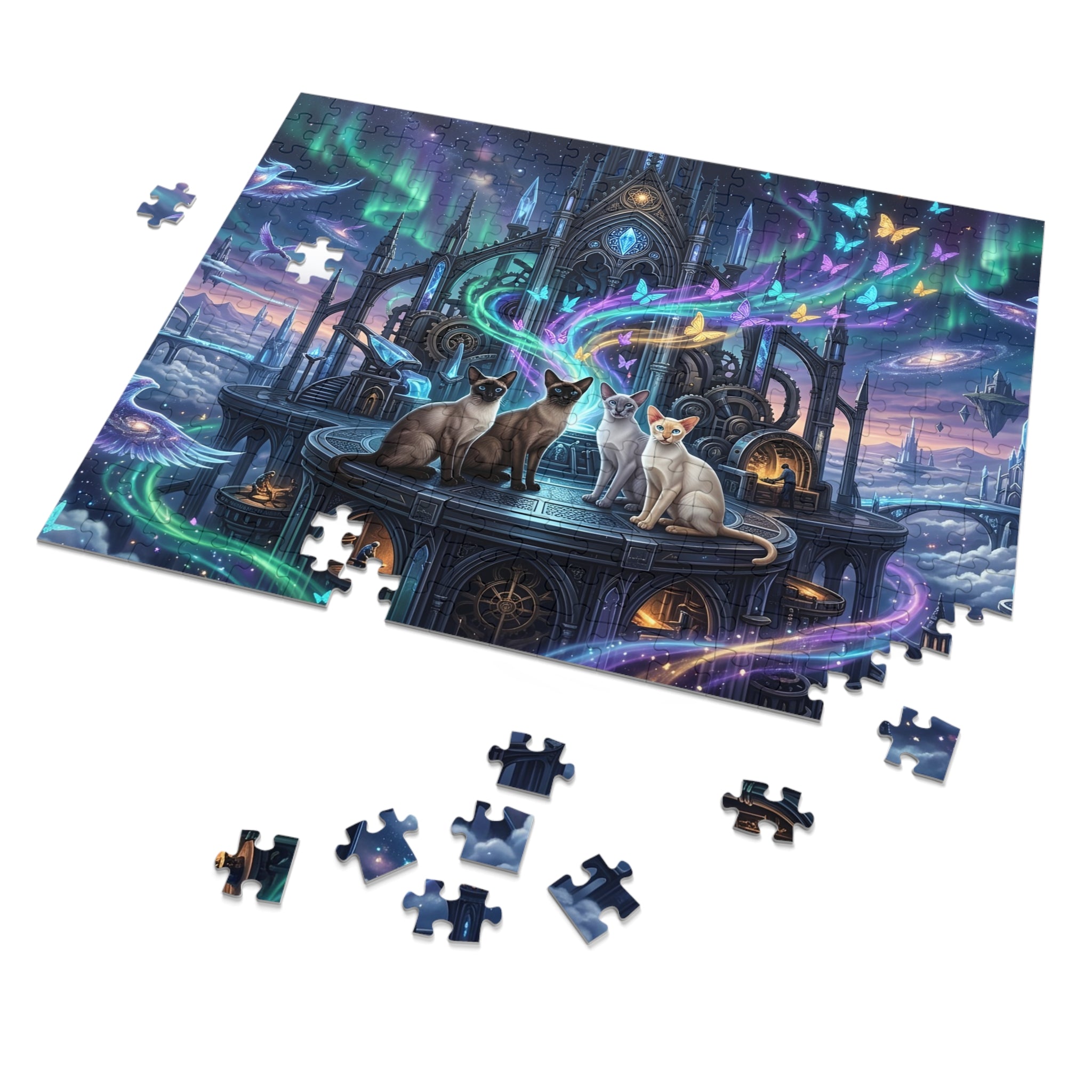 Siamese Cat Gothic Clockwork Citadel Aurora Butterfly Cosmic Jigsaw Puzzle