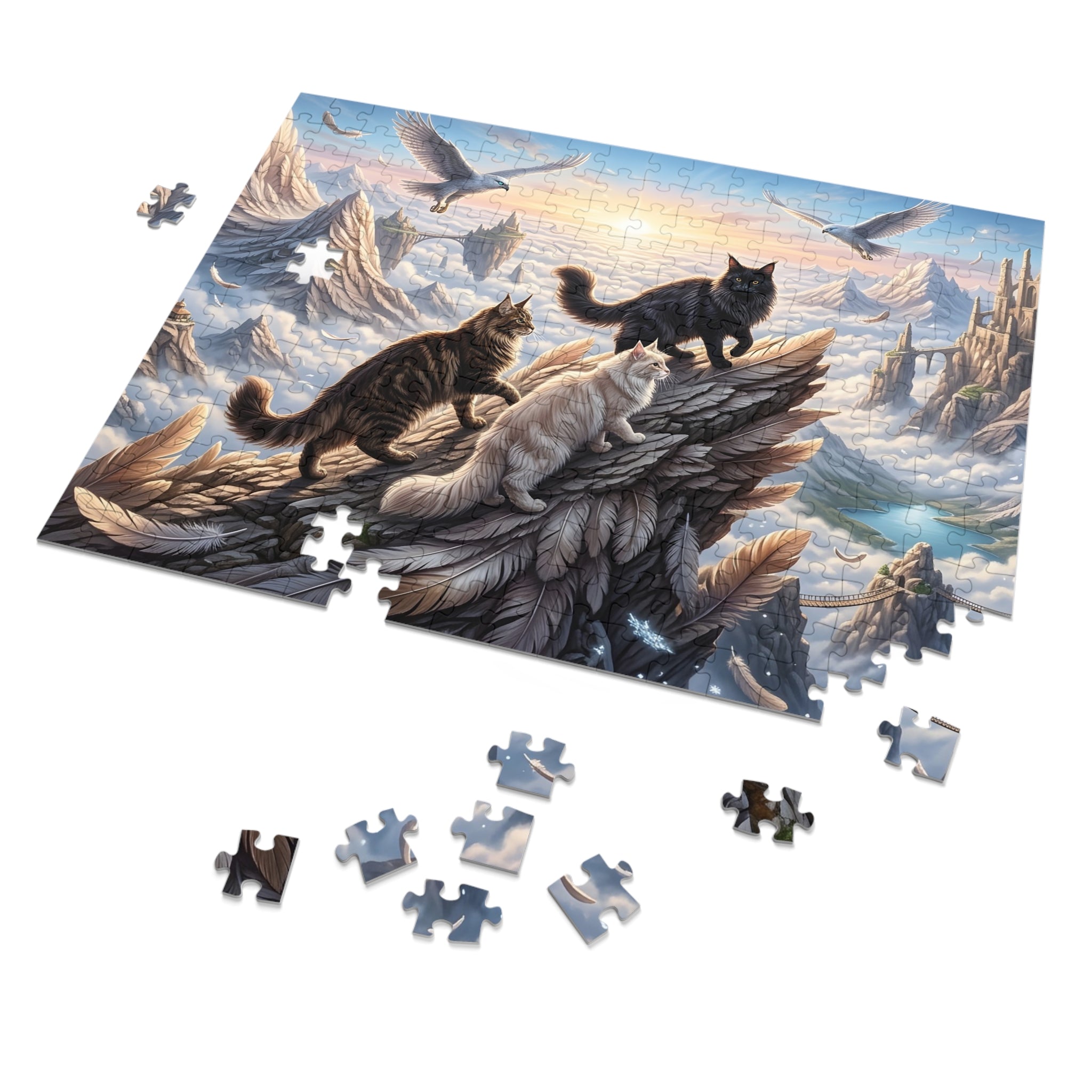Maine Coon Cat Feather Mountain Cliff Falcons Cloud Castle Jigsaw Puzzle