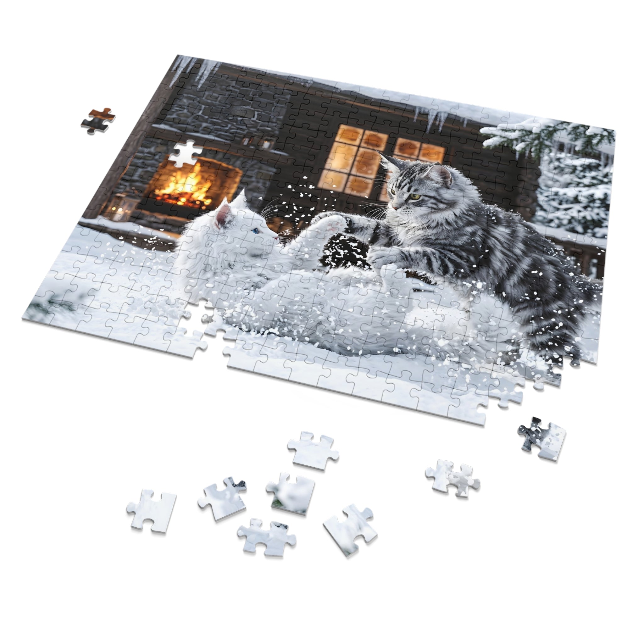 Maine Coon Kittens Playing Snow Winter Cabin Jigsaw Puzzle