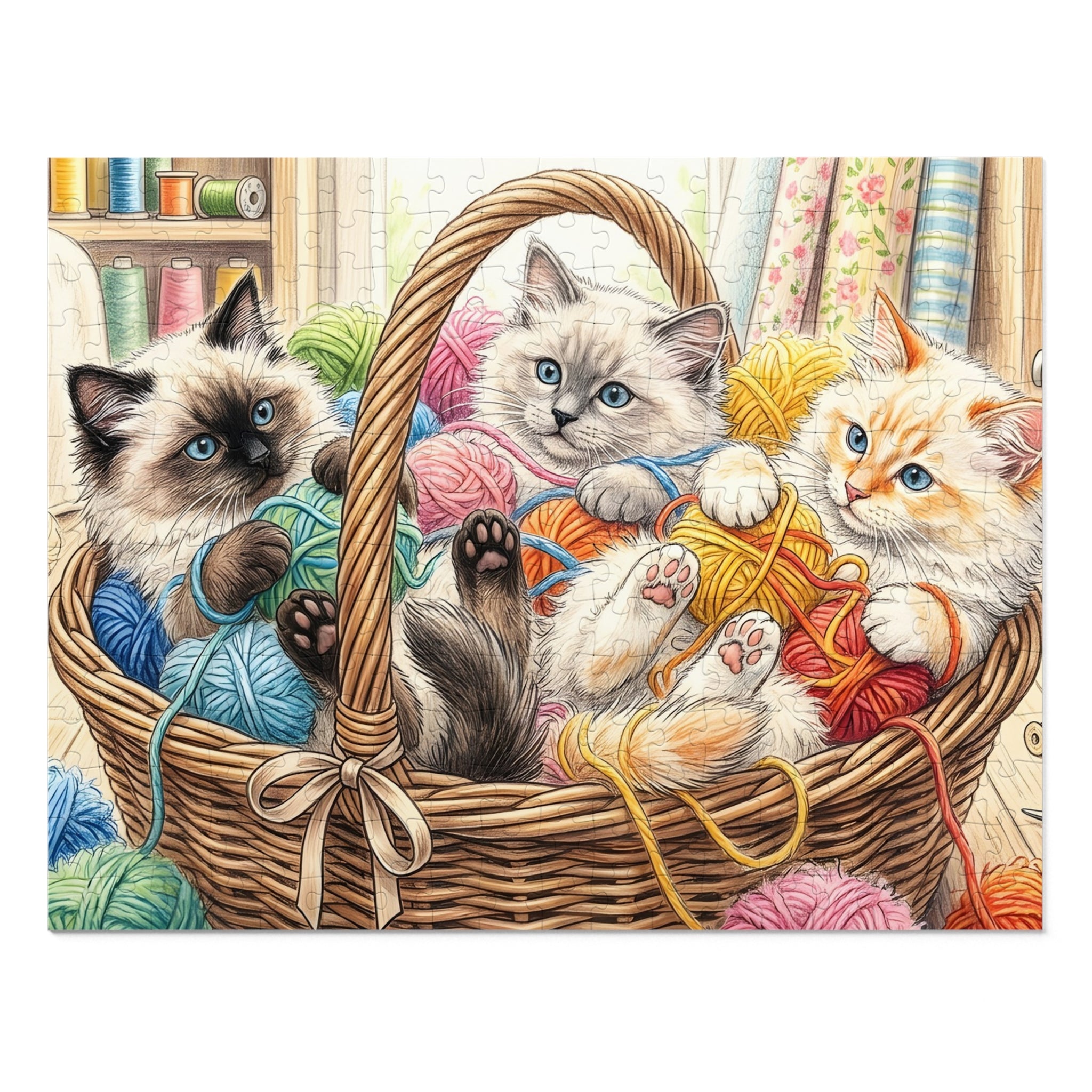 Seal, Blue, and Flame Point Ragdoll Kittens Yarn Basket Jigsaw Puzzle