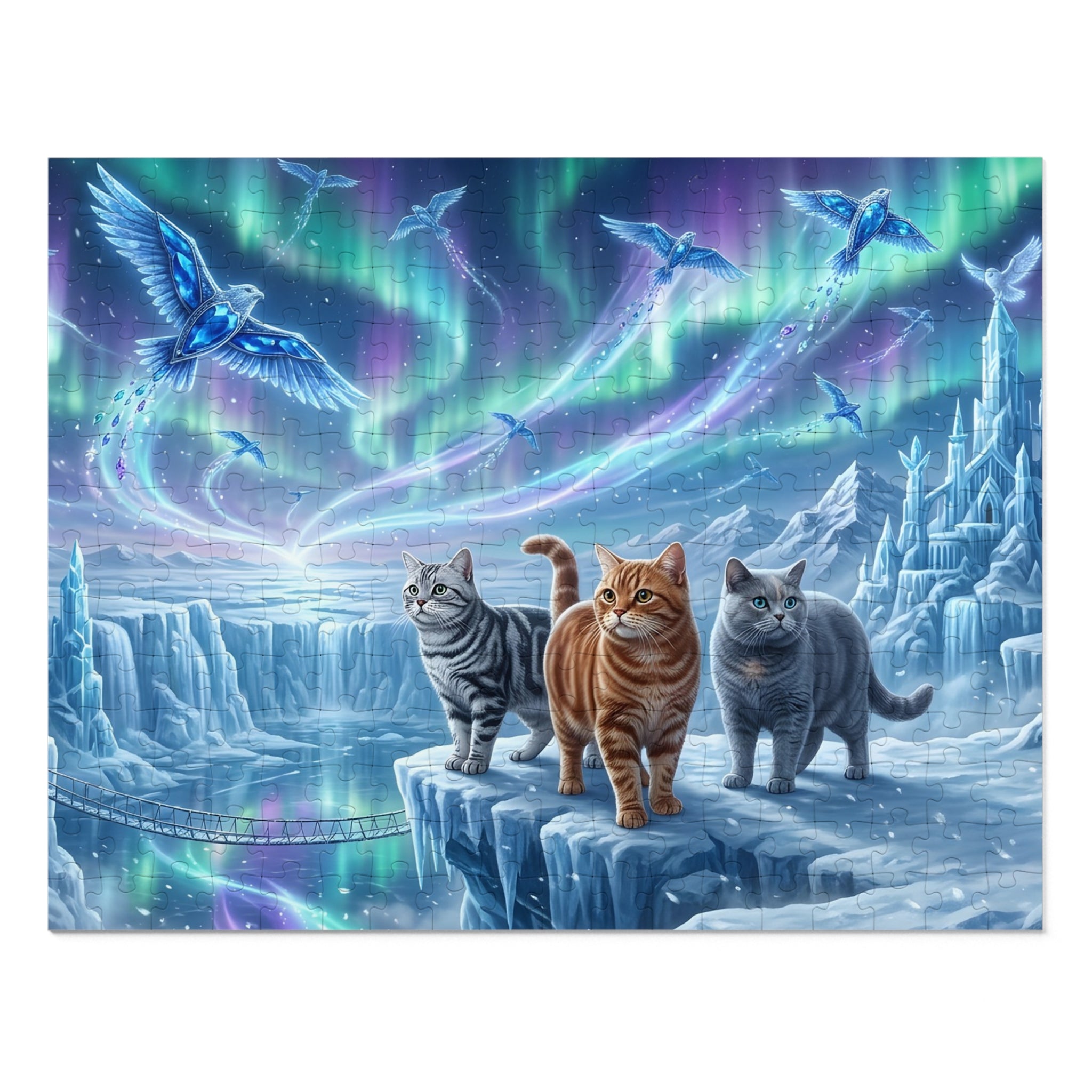 American Shorthair Cat Northern Lights Ice Castle Aurora Jigsaw Puzzle