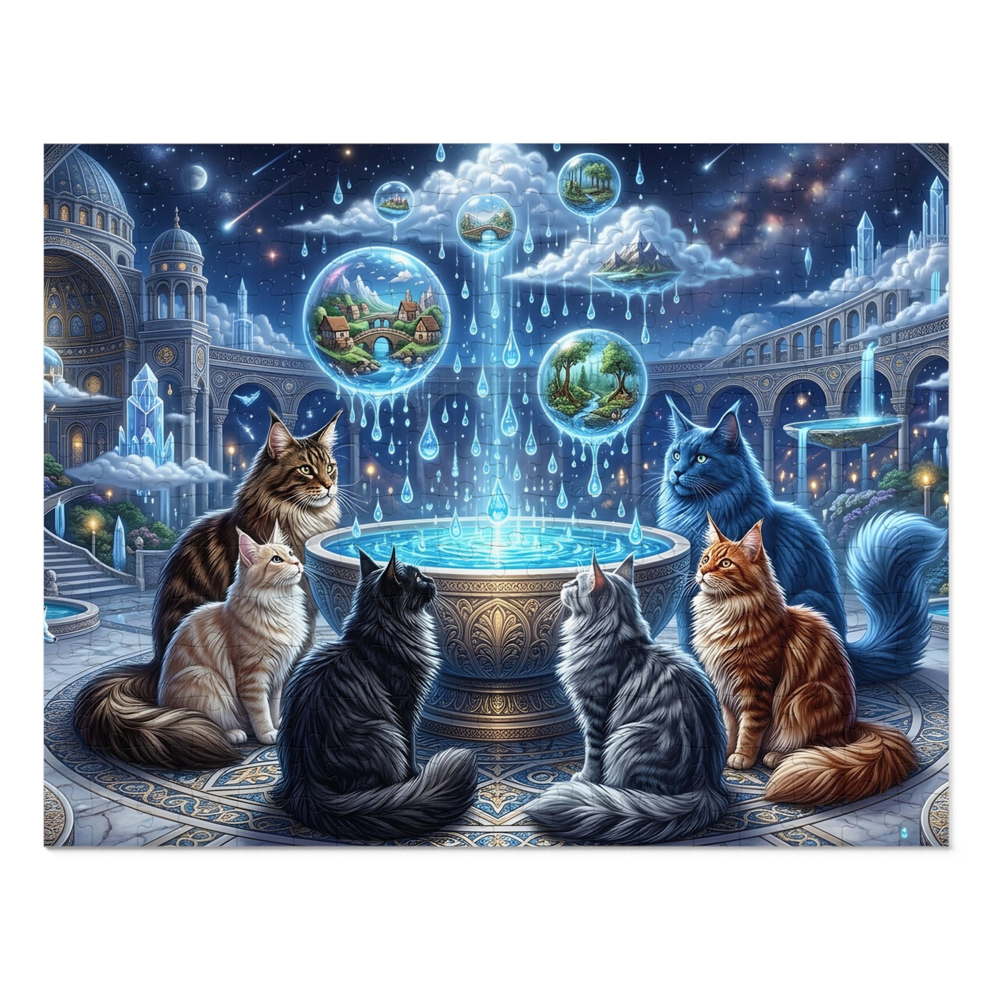 Maine Coon Cat Magical Fountain Droplet Orbs Crystal Palace Jigsaw Puzzle