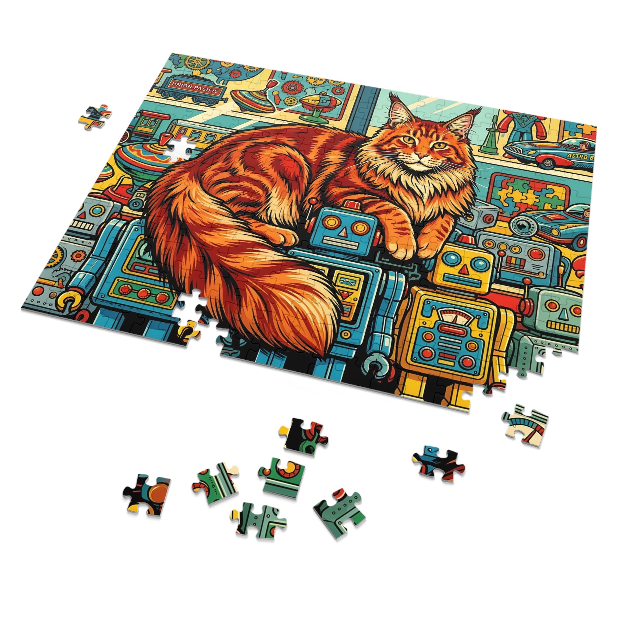 Orange Tabby Maine Coon Vintage Robots Toy Store Jigsaw Puzzle