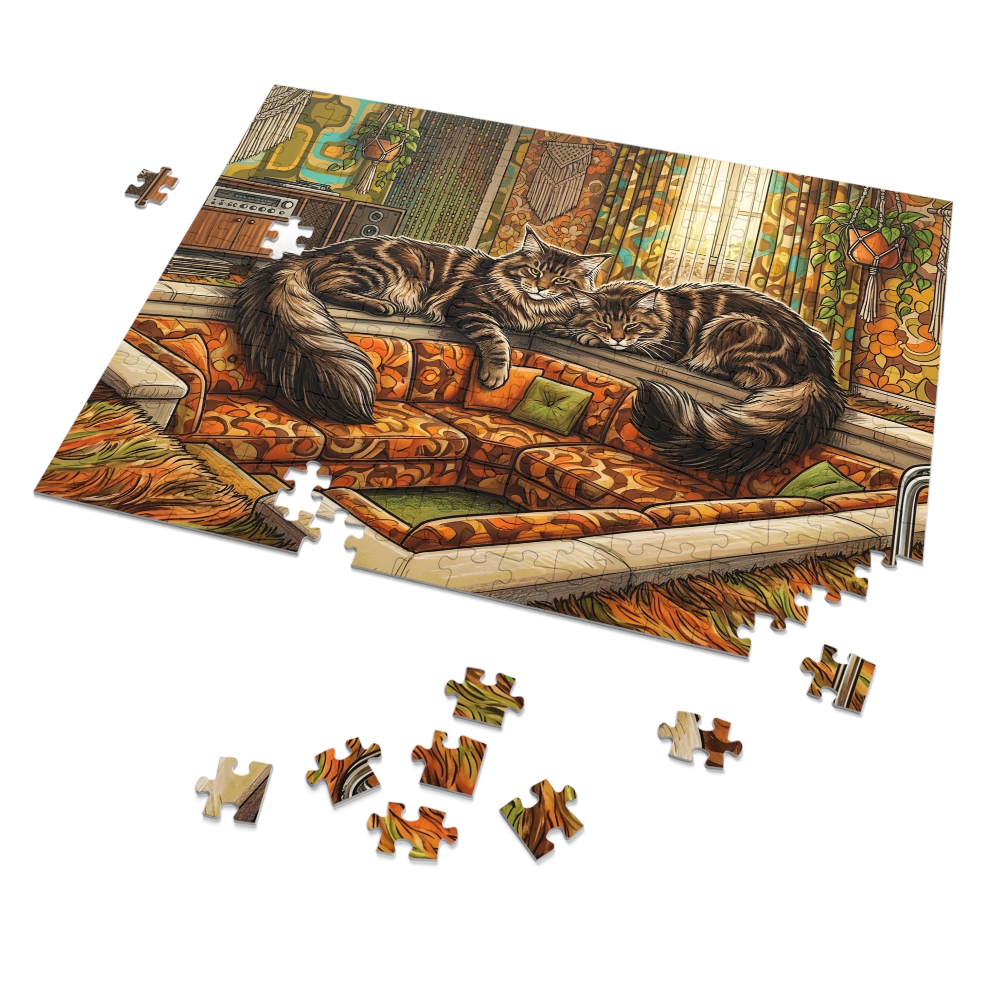 Brown Tabby Maine Coon 70s Retro Sunken Living Room Jigsaw Puzzle