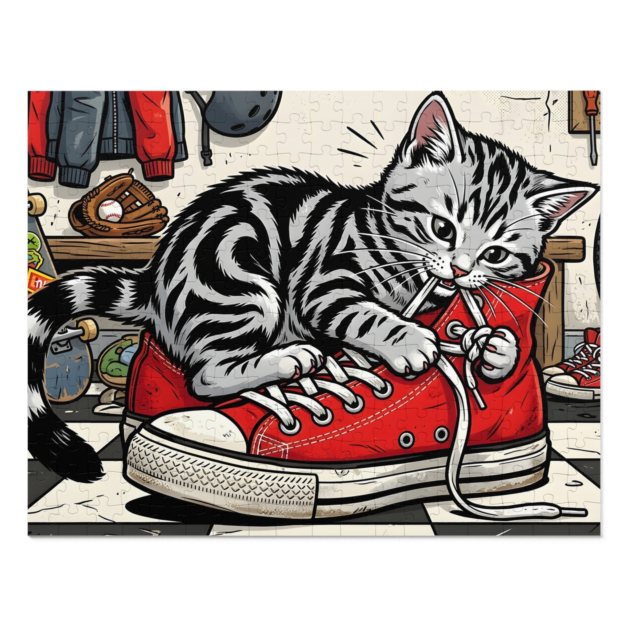 Silver Tabby American Shorthair Red Sneaker Locker Room Jigsaw Puzzle