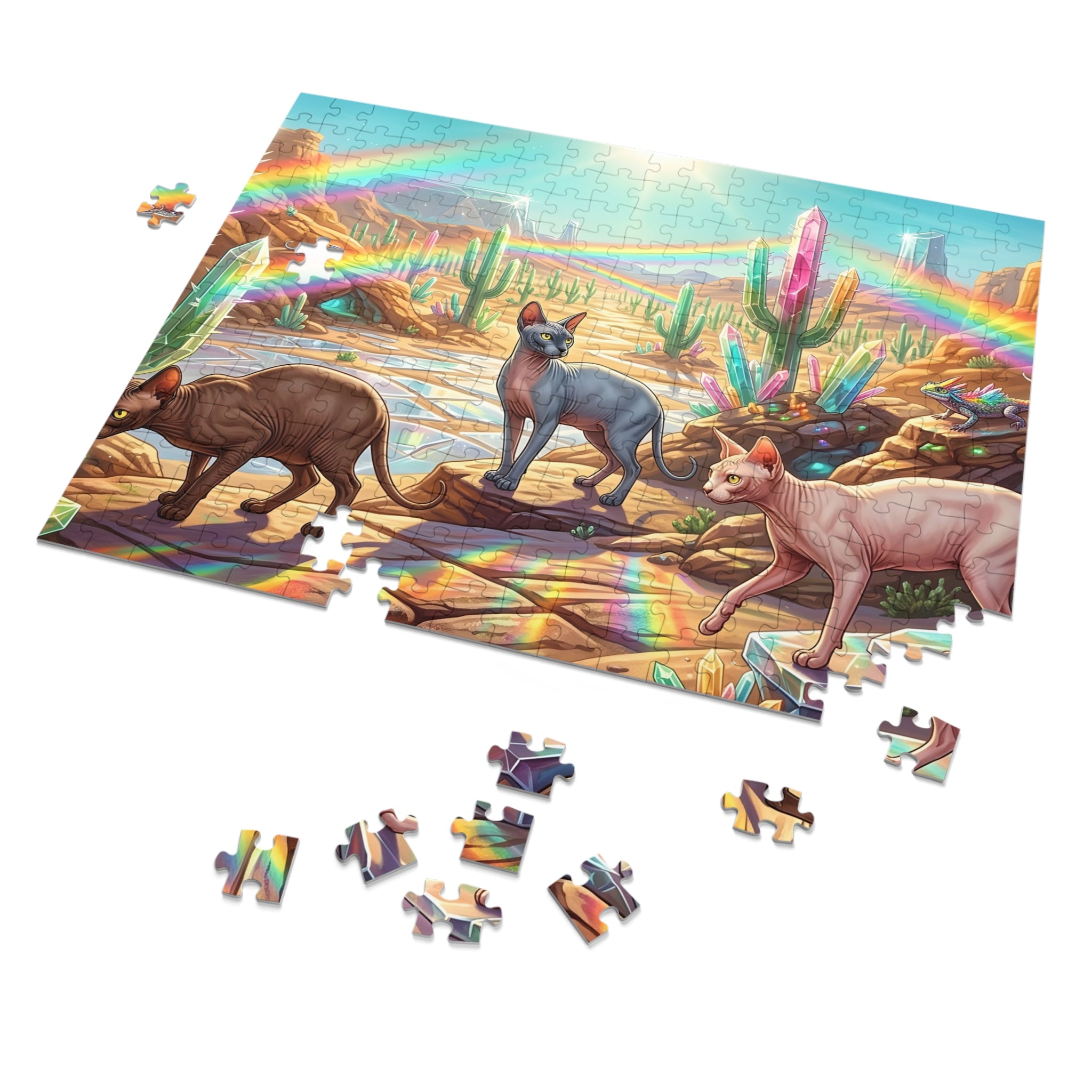Sphynx Cat Rainbow Crystal Cactus Desert Jigsaw Puzzle