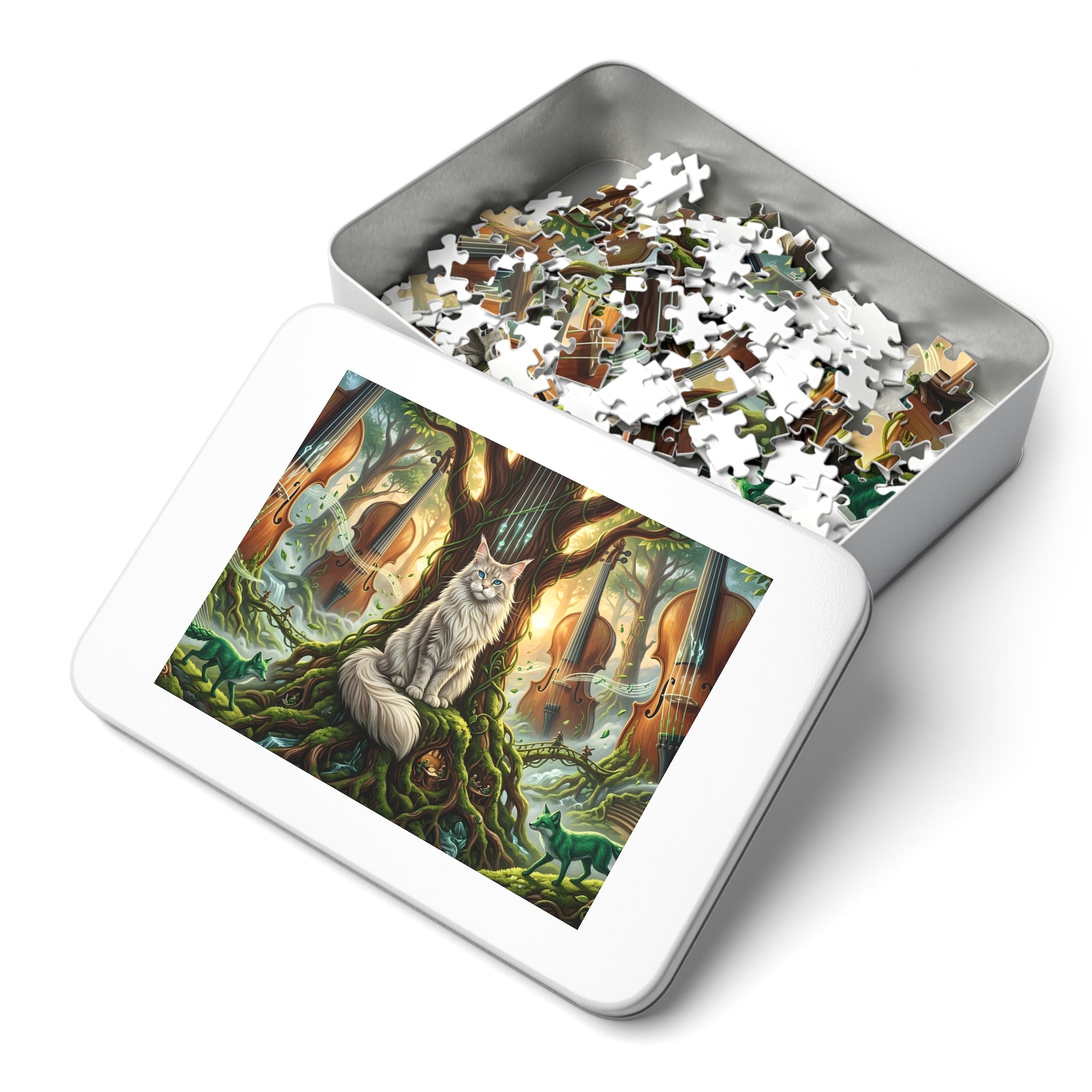 Maine Coon Cat Cello Violin Musical Forest Green Fox Jigsaw Puzzle