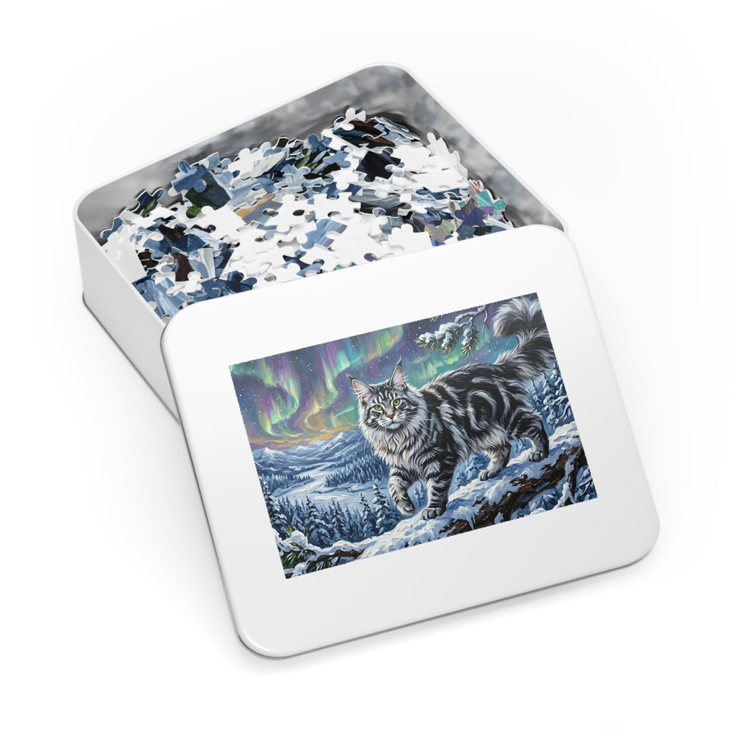 Silver Tabby Maine Coon Northern Lights Snowy Winter Jigsaw Puzzle