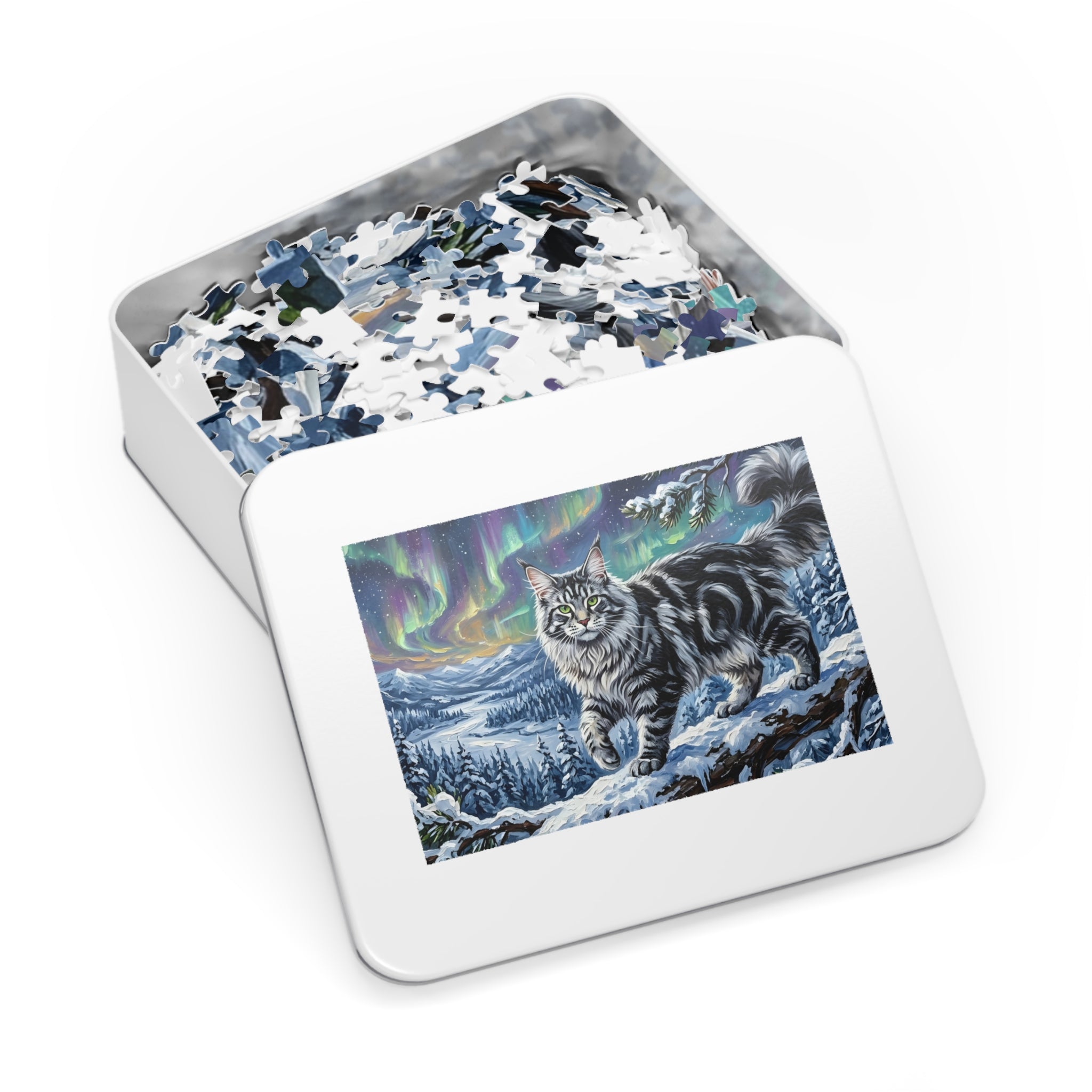 Silver Tabby Maine Coon Northern Lights Snowy Winter Jigsaw Puzzle