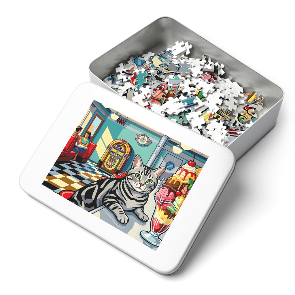 Silver Tabby American Shorthair 50s Diner Ice Cream Sundae Jigsaw Puzzle