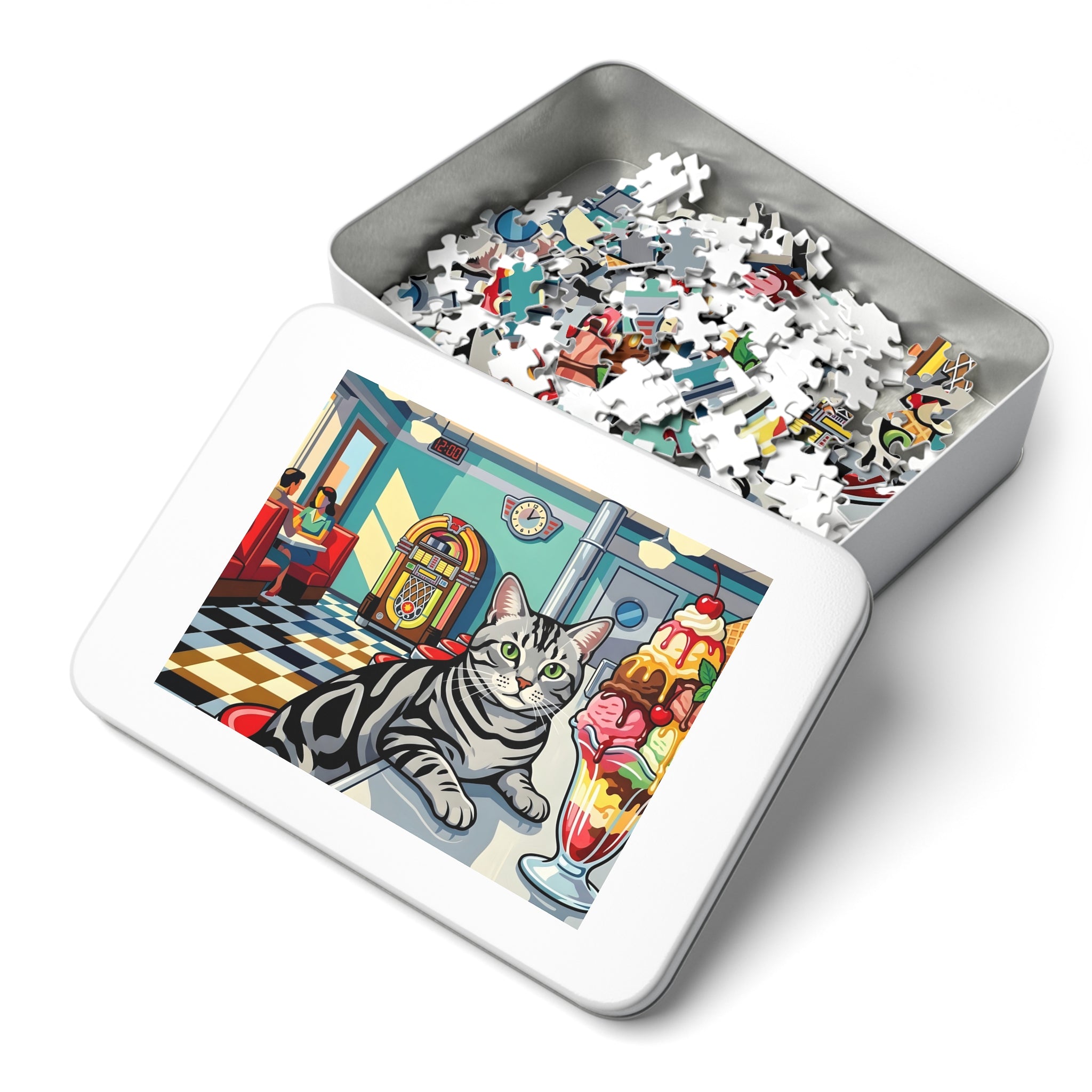 Silver Tabby American Shorthair 50s Diner Ice Cream Sundae Jigsaw Puzzle