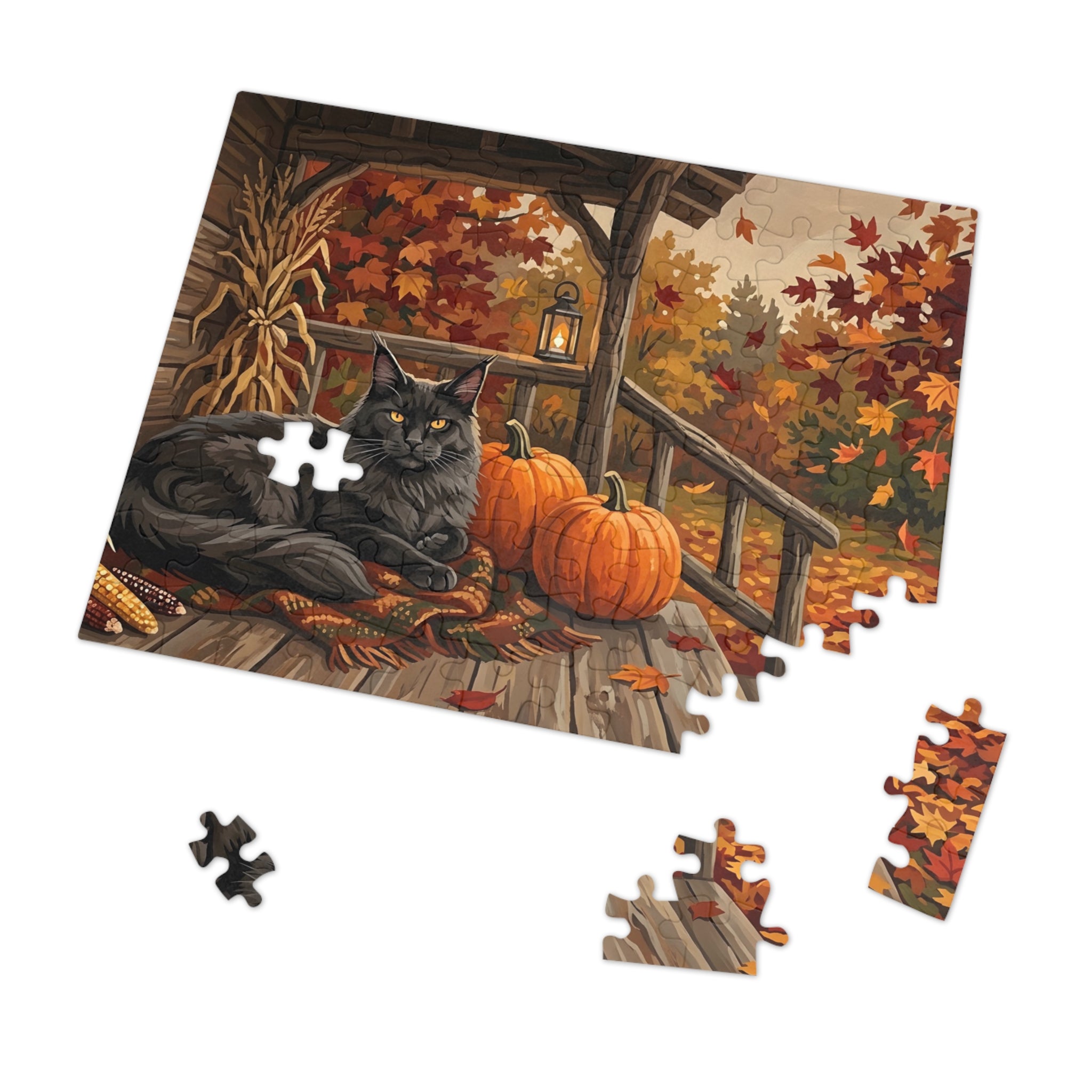Black Maine Coon Autumn Porch Pumpkins Jigsaw Puzzle