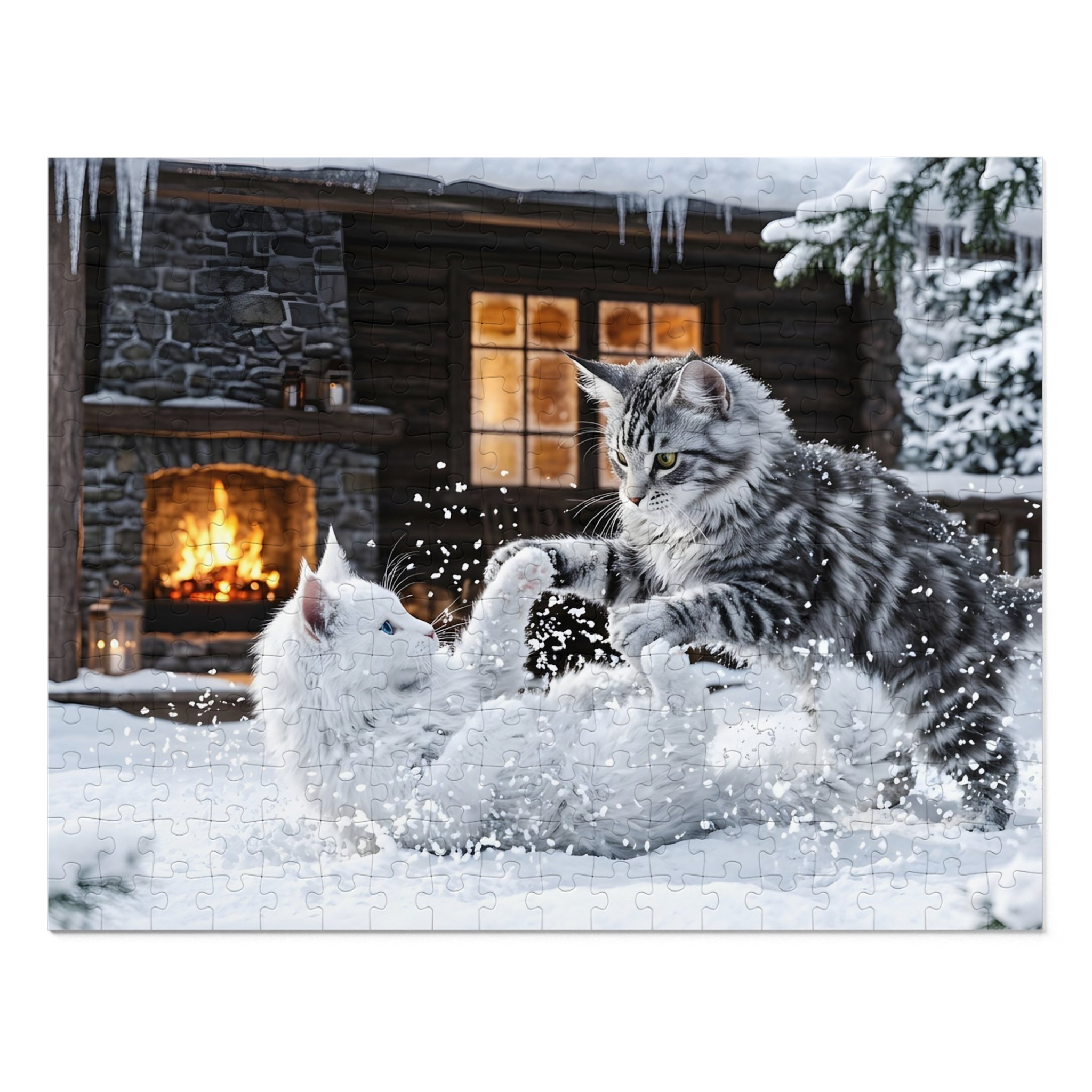 Maine Coon Kittens Playing Snow Winter Cabin Jigsaw Puzzle
