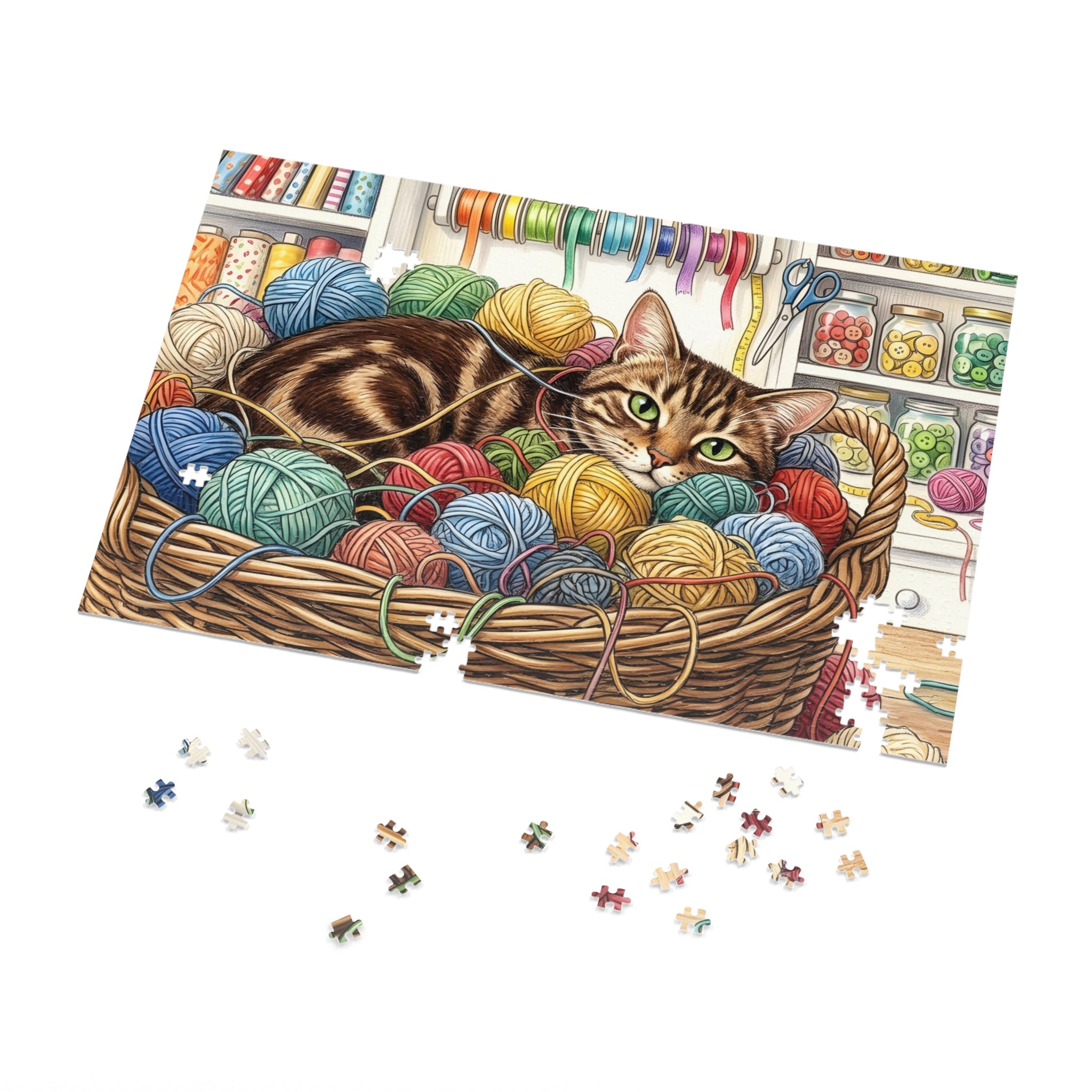 Brown Tabby American Shorthair Yarn Basket Craft Room Jigsaw Puzzle