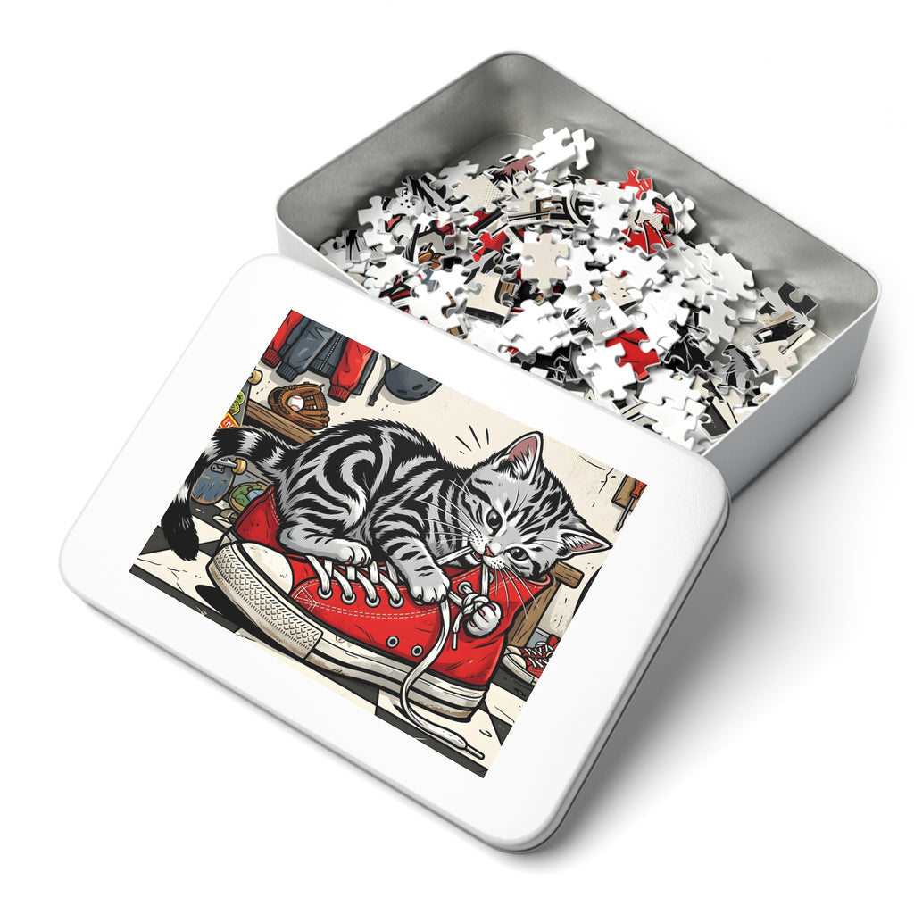 Silver Tabby American Shorthair Red Sneaker Locker Room Jigsaw Puzzle