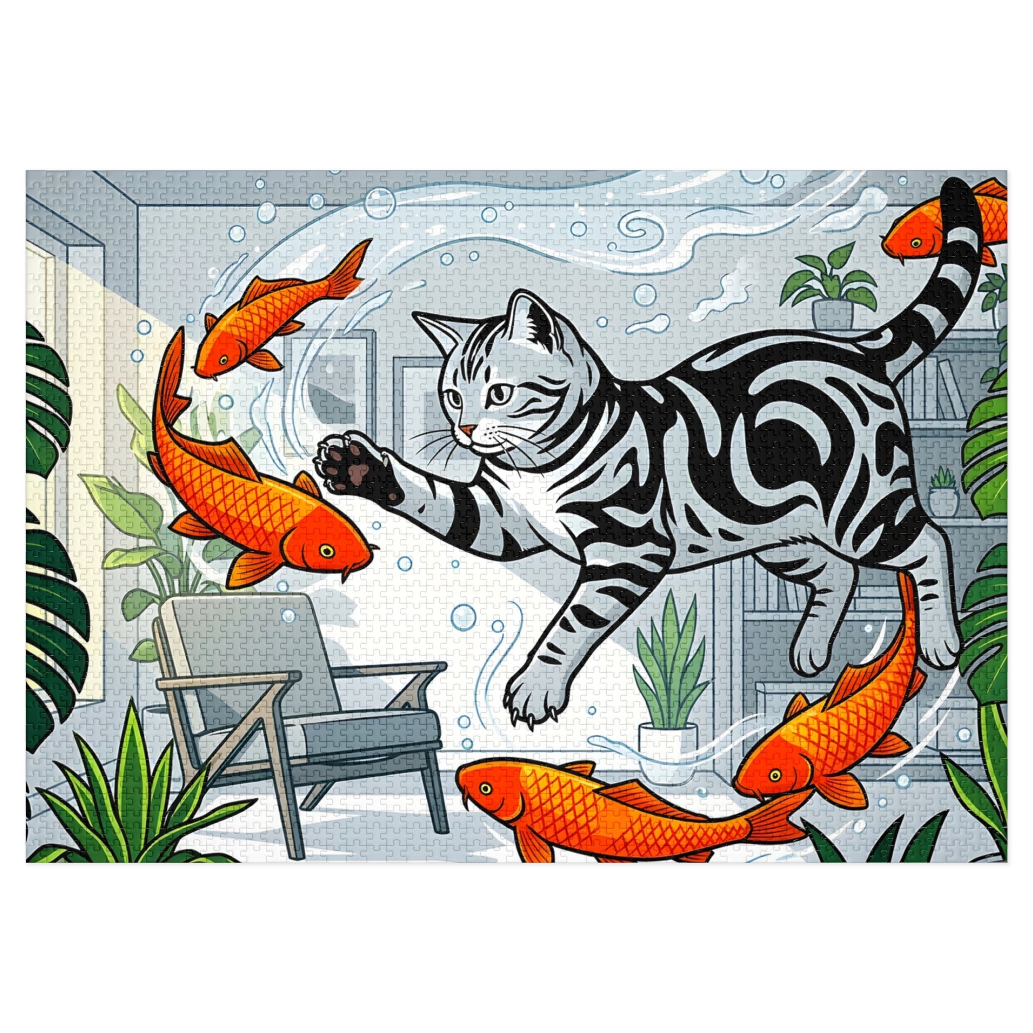 Silver Tabby American Shorthair Flying Goldfish Room Jigsaw Puzzle