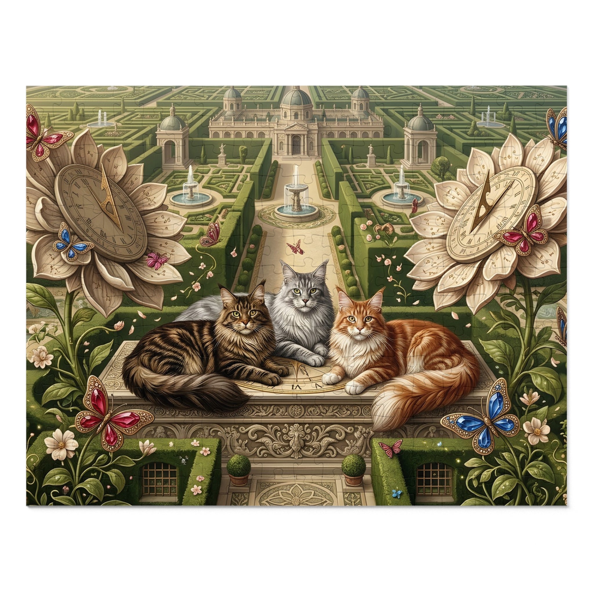 Maine Coon Cat Sundial Sunflower Hedge Maze Palace Garden Jigsaw Puzzle