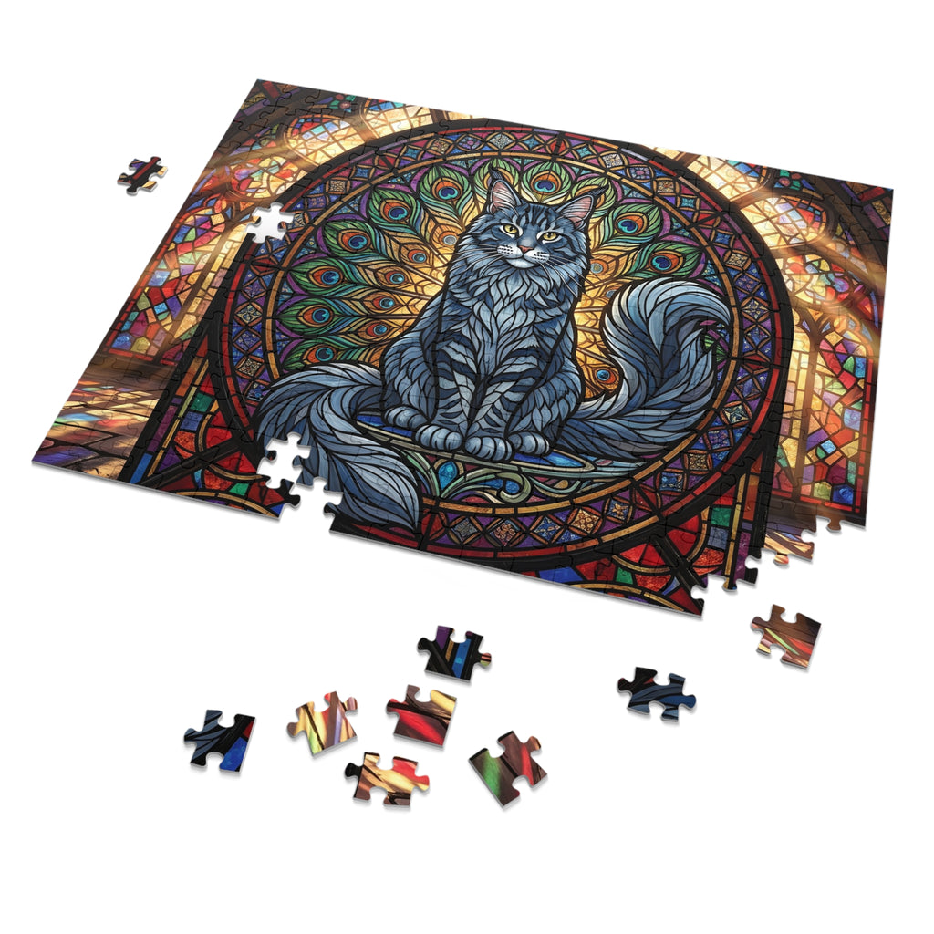 Tabby Maine Coon Stained Glass Peacock Window Jigsaw Puzzle