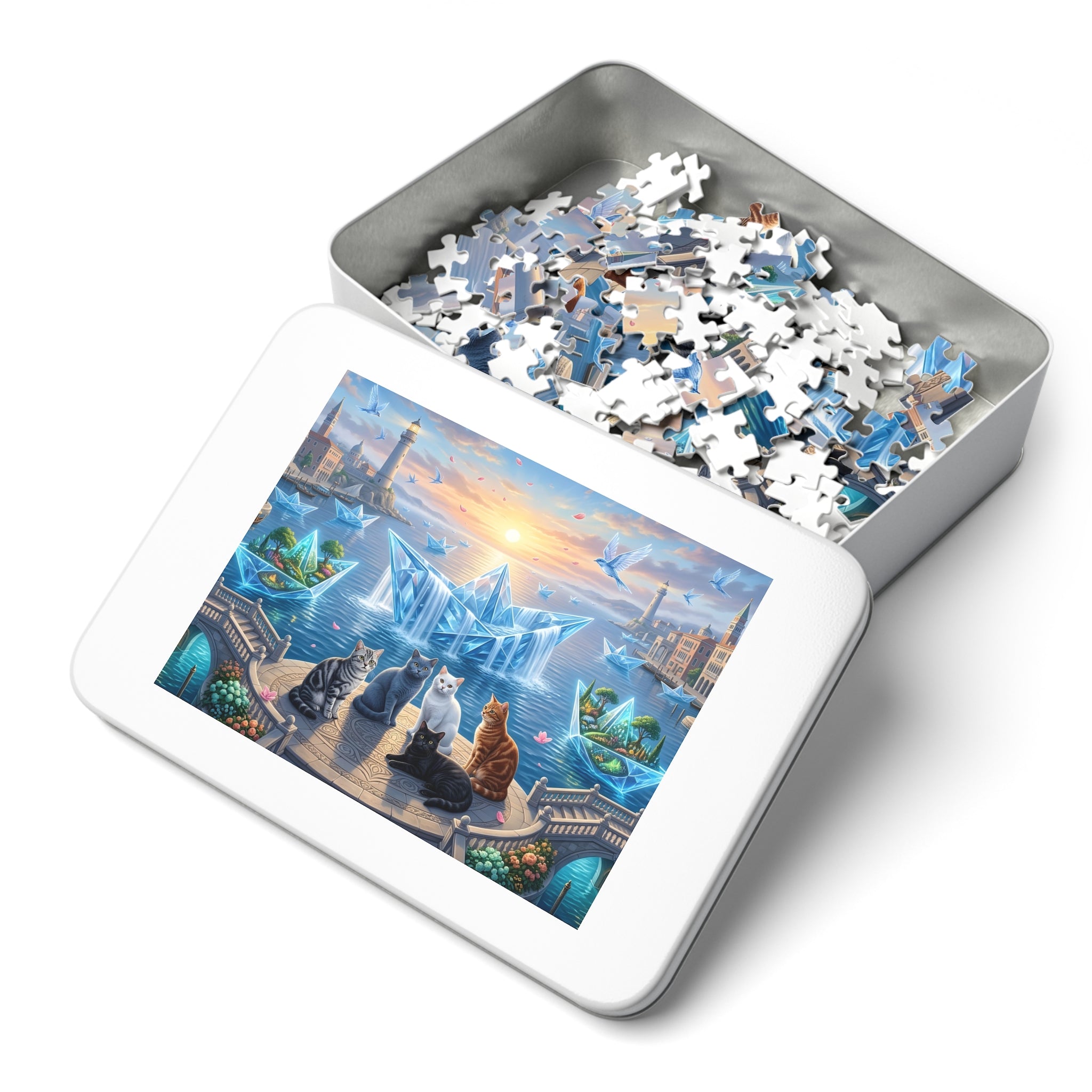 American Shorthair Cat Crystal Paper Boat Waterfalls Coastal Harbor Jigsaw Puzzle