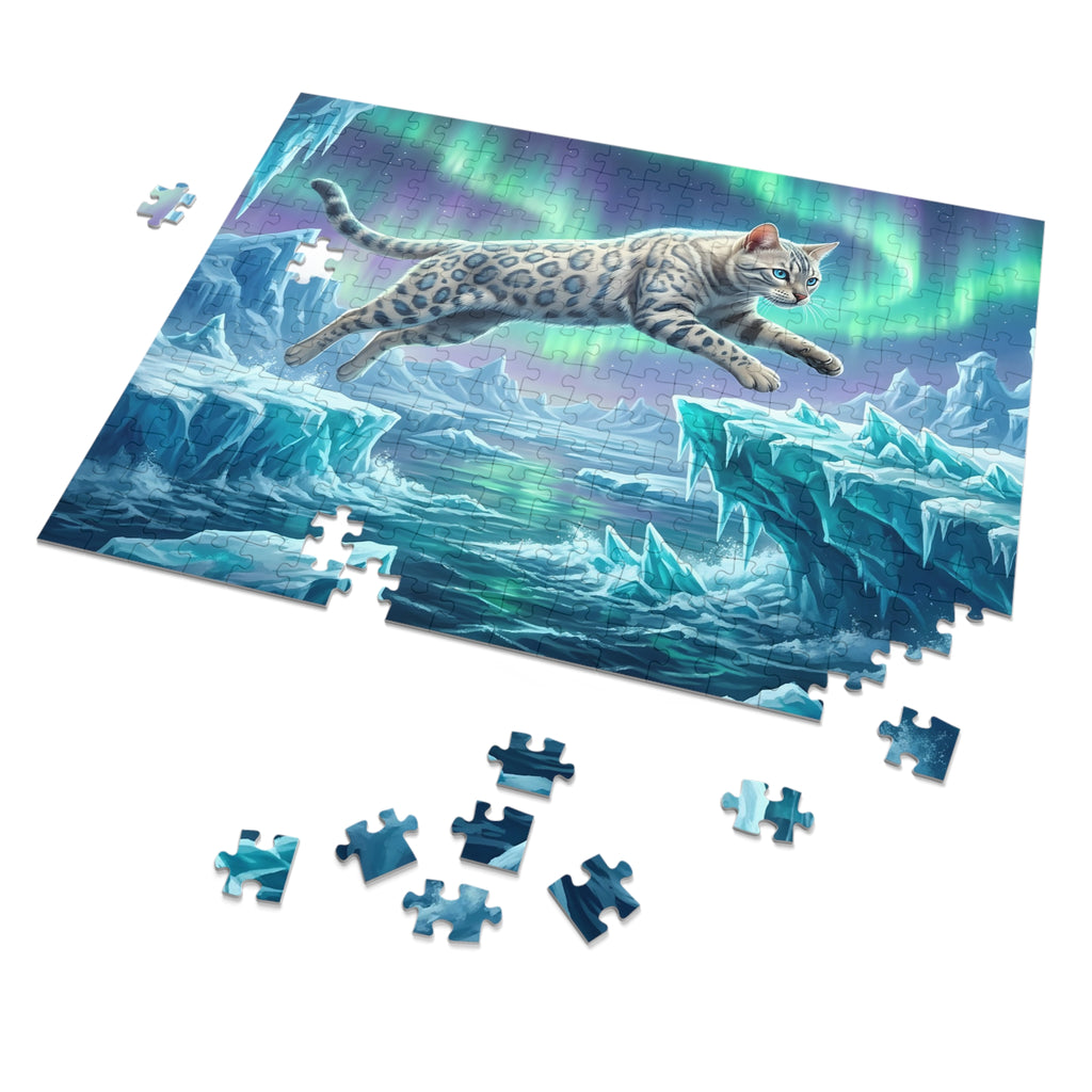 Snow Bengal Leaping Across Glaciers Under Aurora Borealis Jigsaw Puzzle