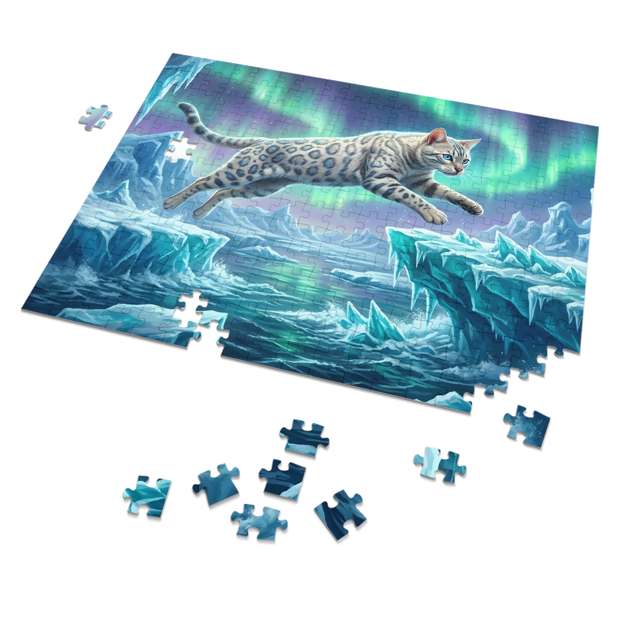 Snow Bengal Leaping Across Glaciers Under Aurora Borealis Jigsaw Puzzle