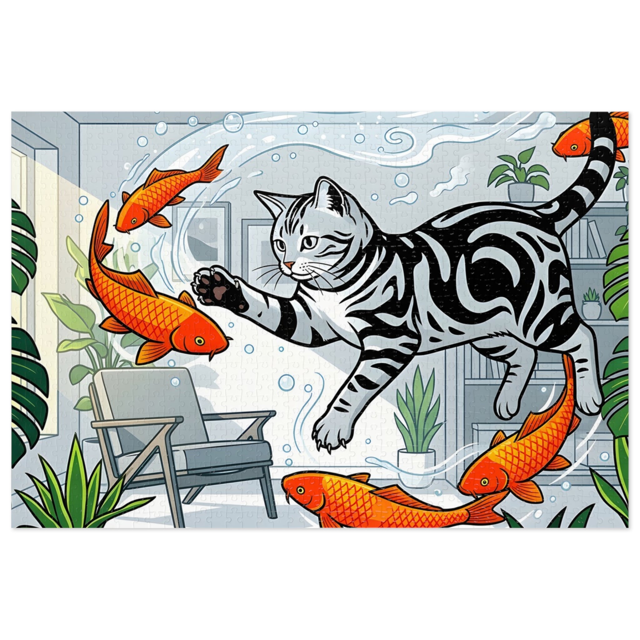 Silver Tabby American Shorthair Flying Goldfish Room Jigsaw Puzzle