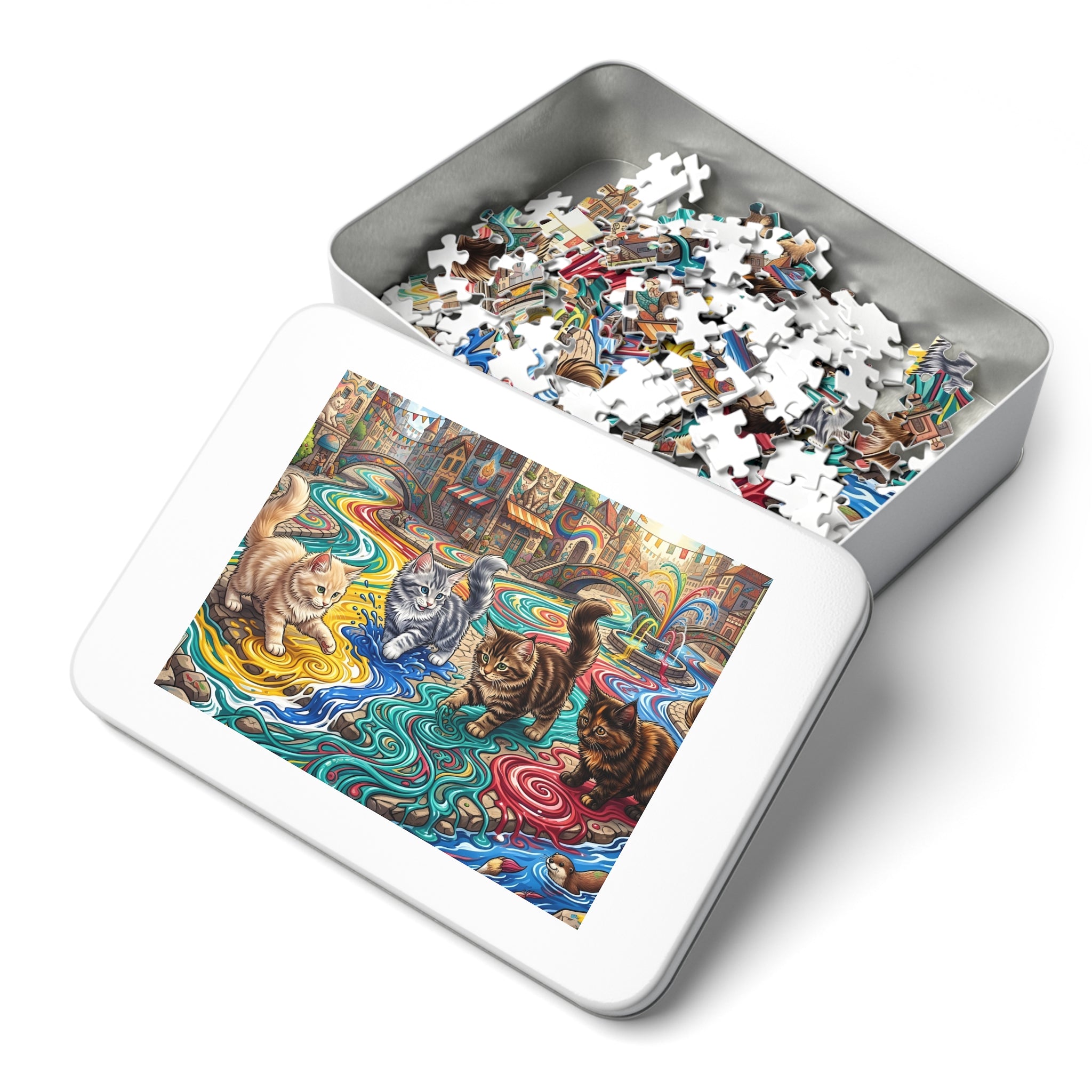 Maine Coon Kitten Rainbow Paint Canal Jigsaw Puzzle