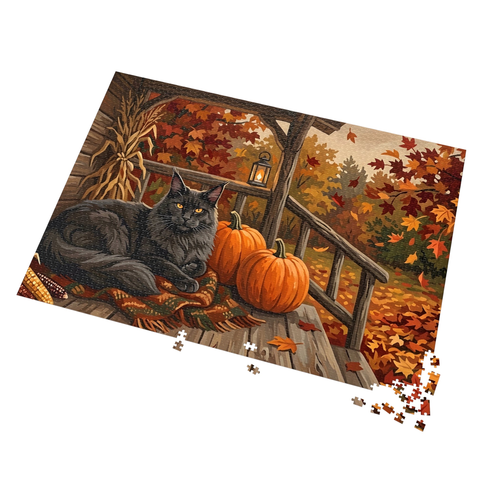 Black Maine Coon Autumn Porch Pumpkins Jigsaw Puzzle
