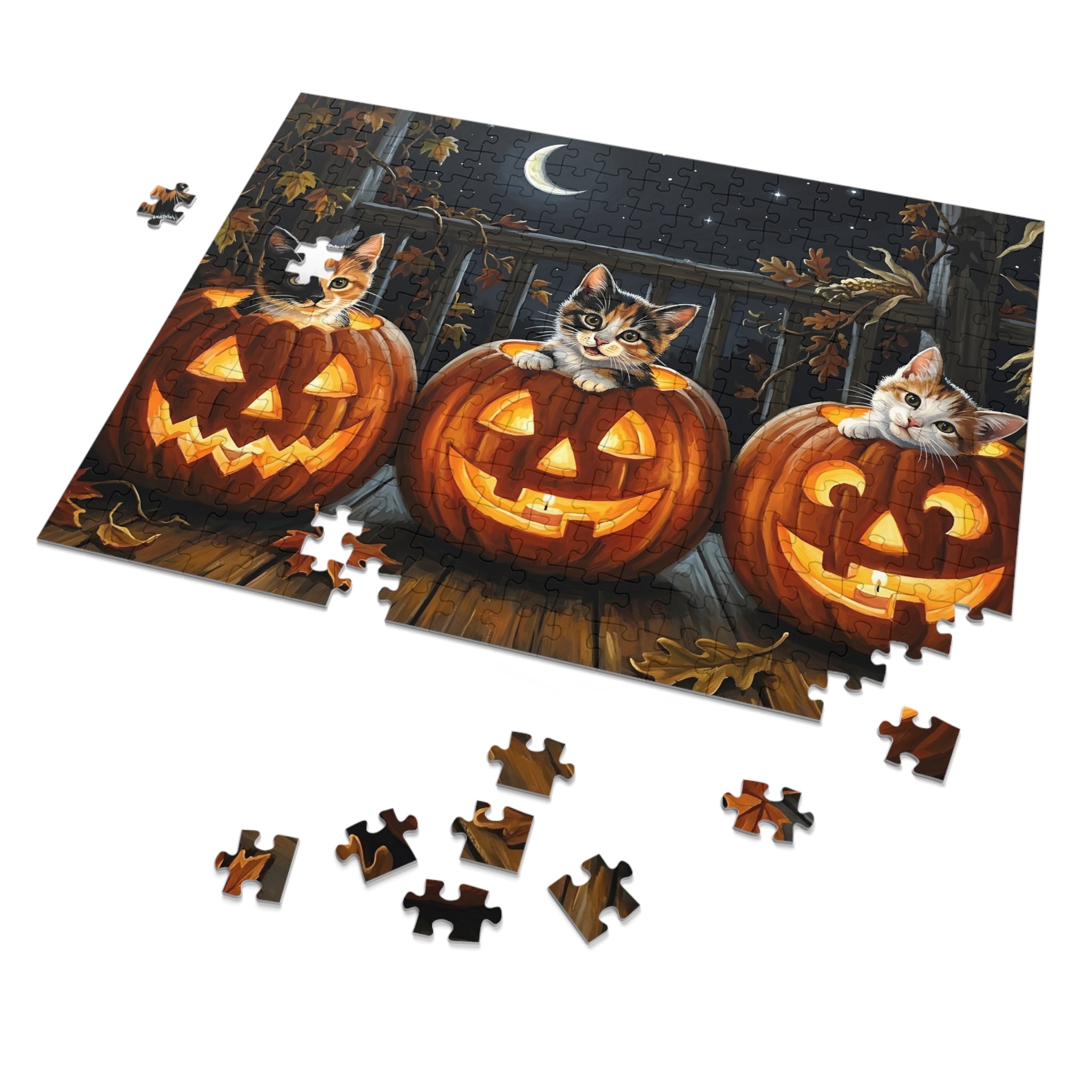 Calico American Shorthair Autumn Pumpkin Porch Jigsaw Puzzle