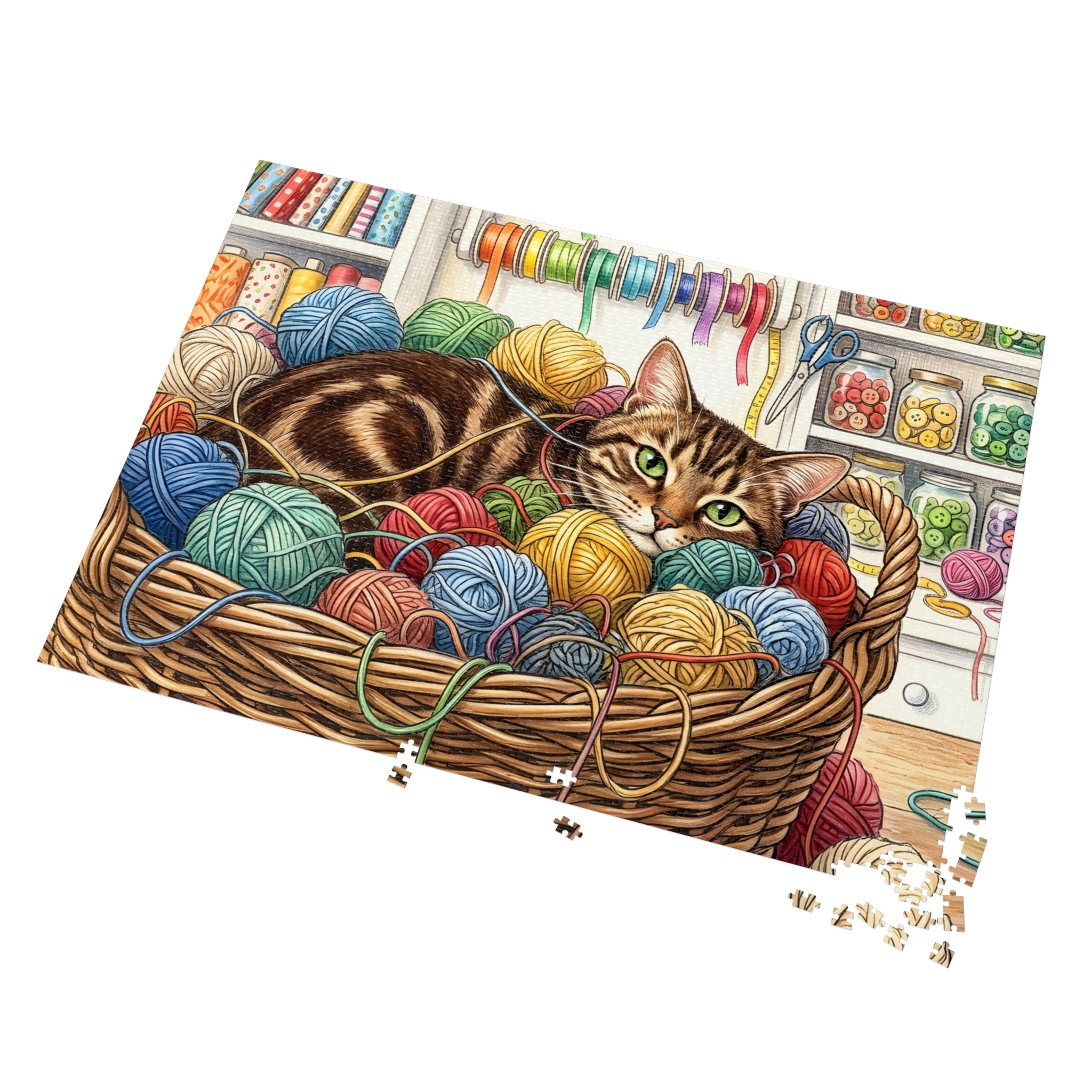 Brown Tabby American Shorthair Yarn Basket Craft Room Jigsaw Puzzle