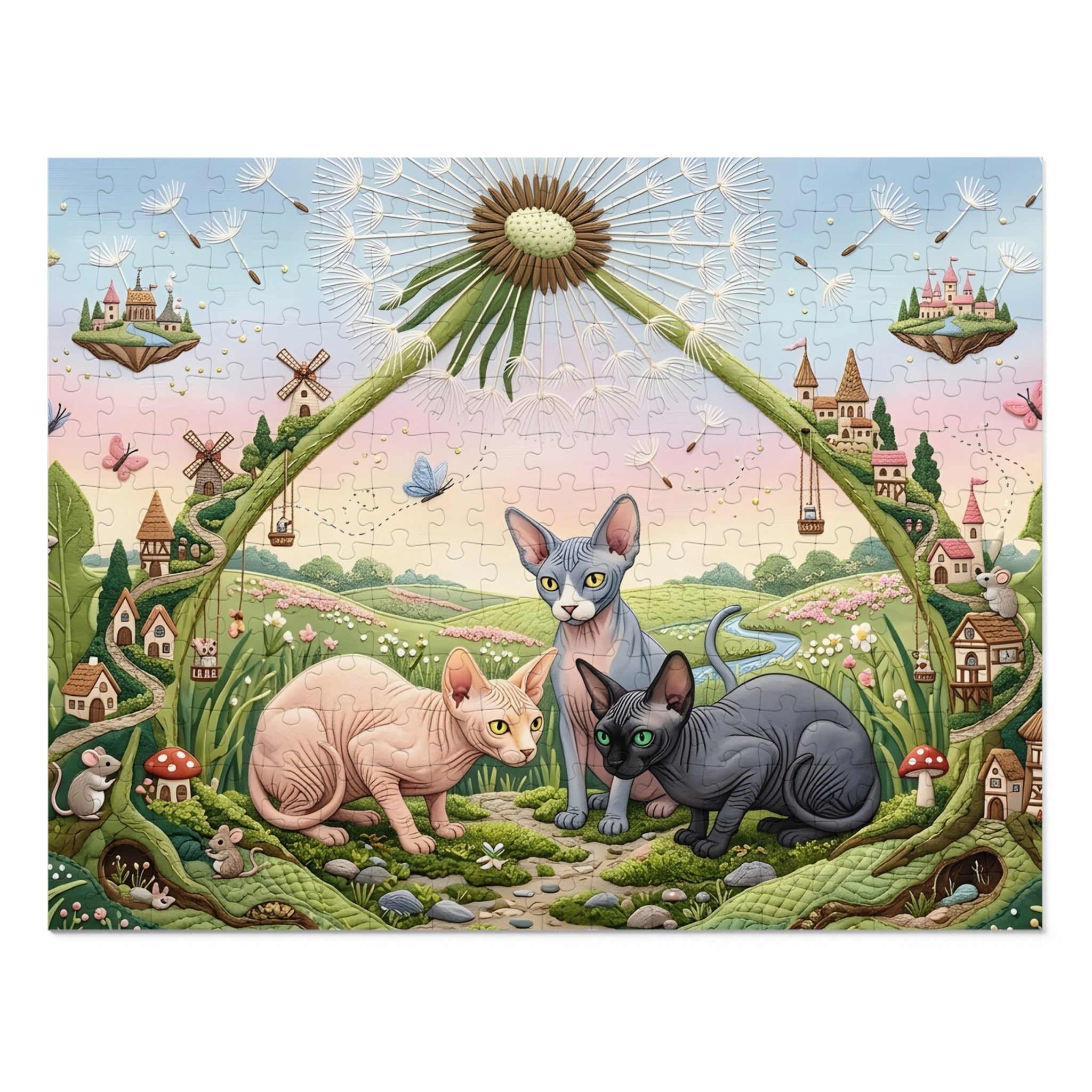 Sphynx Cat Giant Dandelion Fairy Village Jigsaw Puzzle