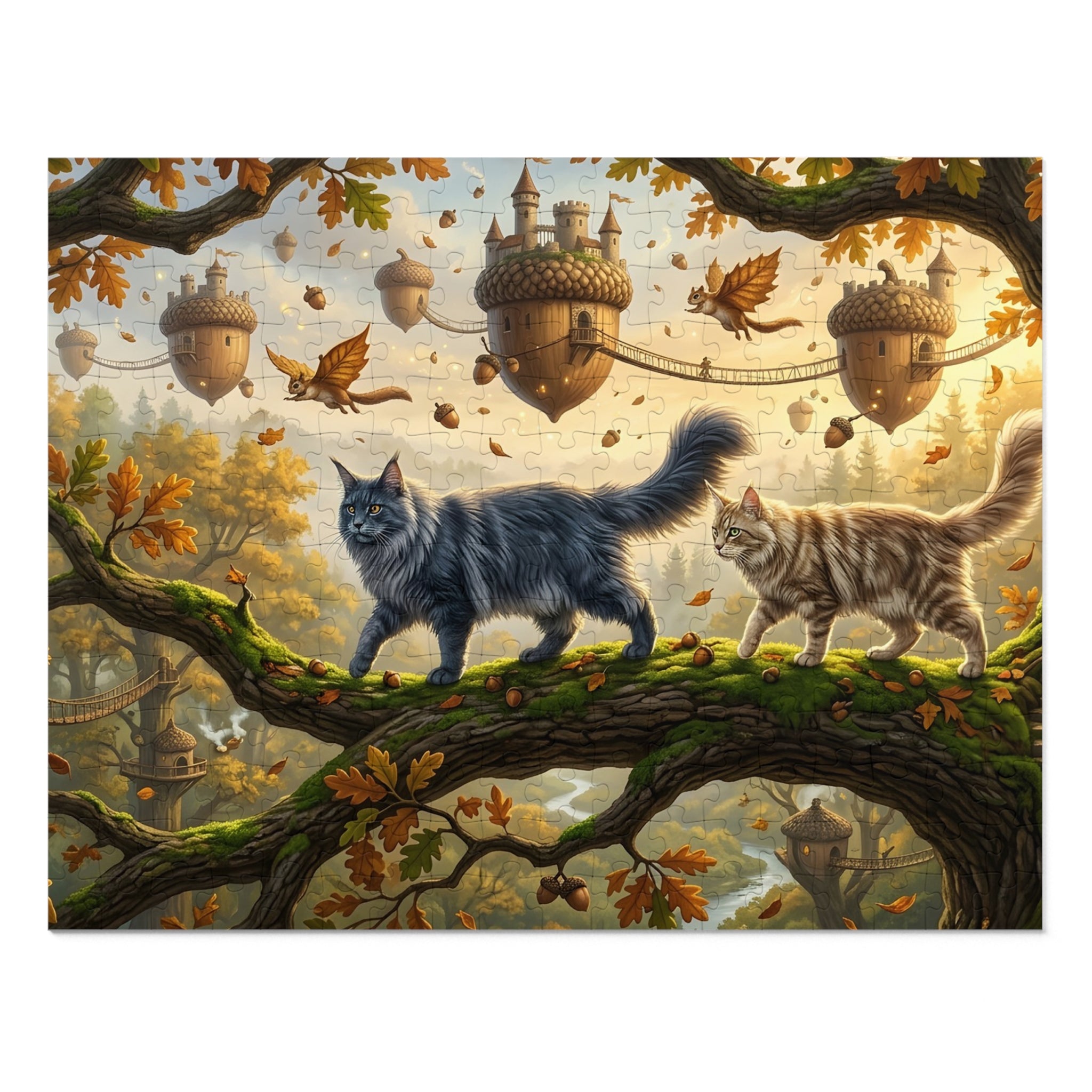 Maine Coon Cat Acorn Castle Floating Village Autumn Oak Tree Jigsaw Puzzle