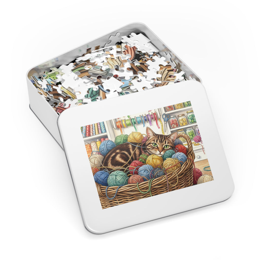 Brown Tabby American Shorthair Yarn Basket Craft Room Jigsaw Puzzle
