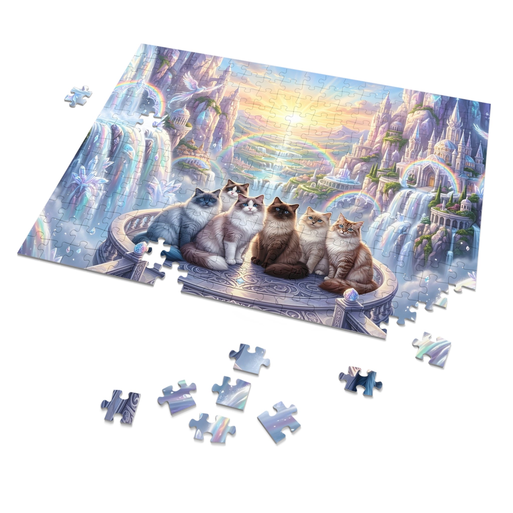 Ragdoll Cat Rainbow Waterfall Crystal Castle Balcony Jigsaw Puzzle