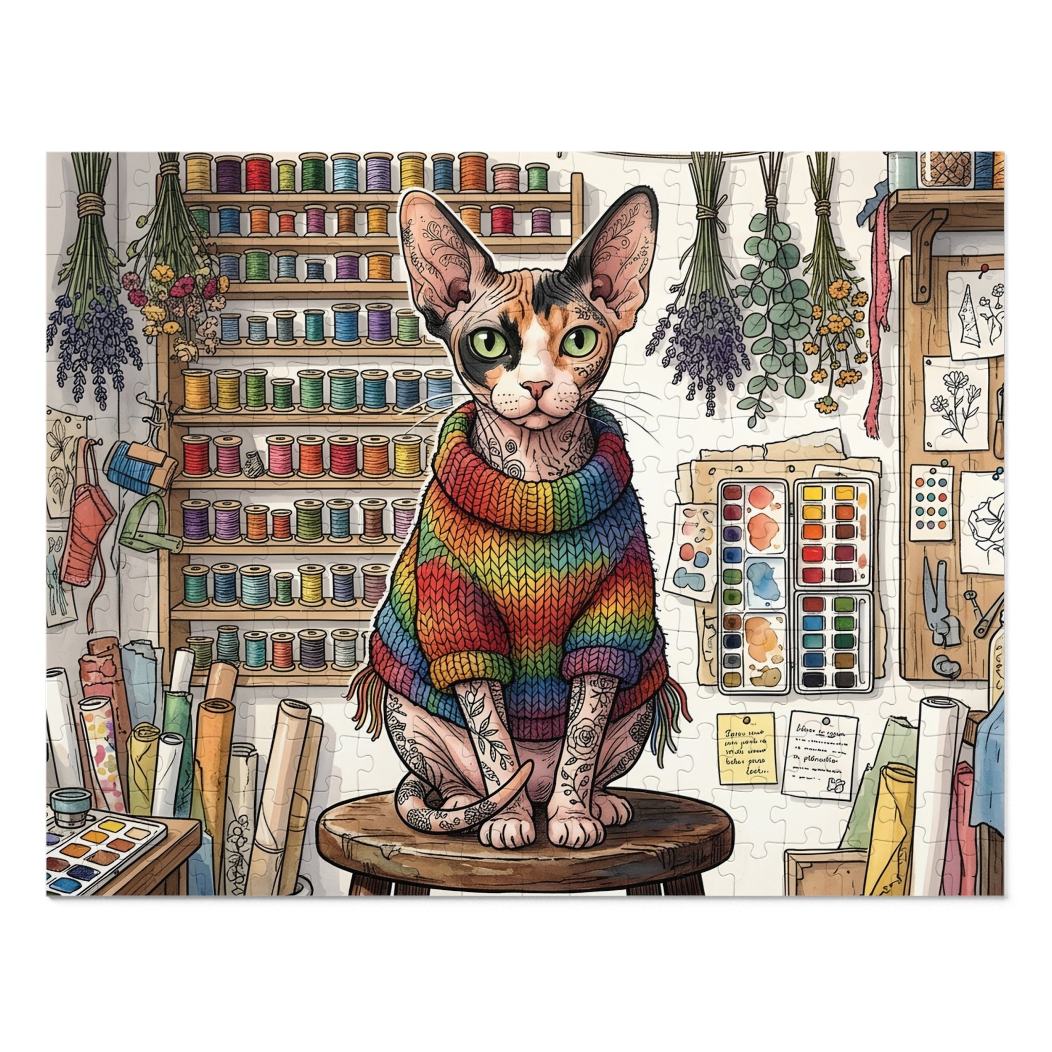 Calico Sphynx Rainbow Knit Sweater Craft Room Jigsaw Puzzle