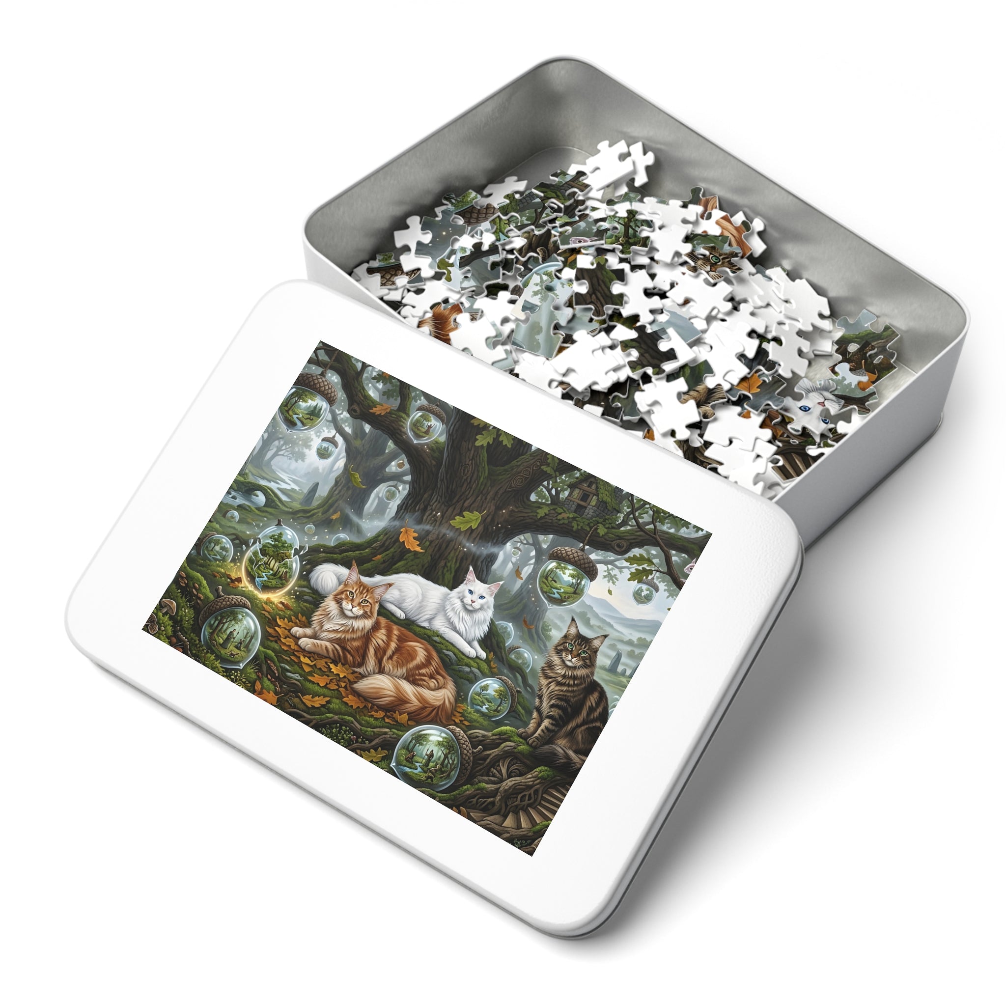 Maine Coon Cat Ancient Oak Glass Acorn Terrarium Forest Jigsaw Puzzle